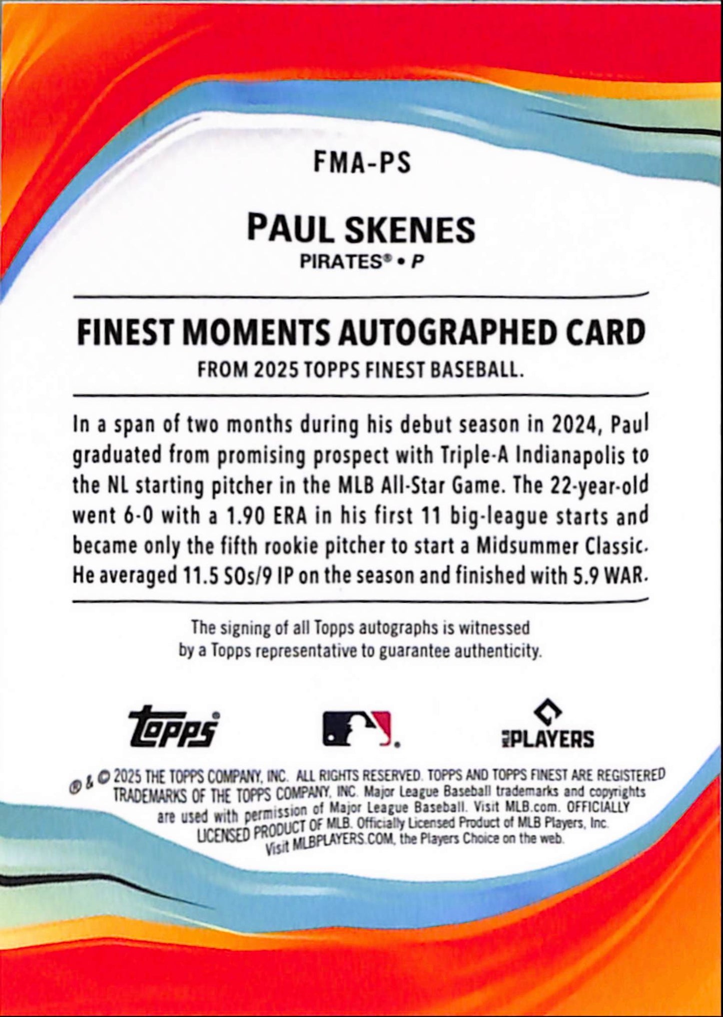 Paul Skenes 2025 Topps Finest Moments Yellow Refractor Auto #14/75