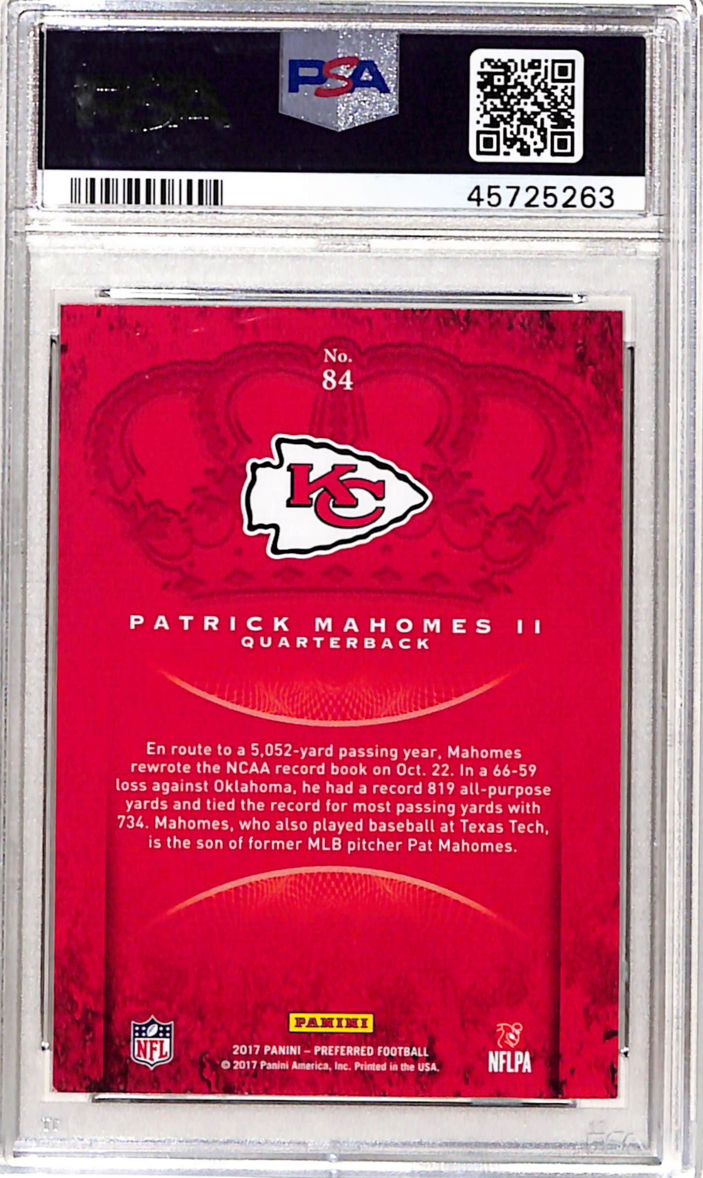 Patrick Mahomes 2017 Panini Crown Royale #84 Rookie PSA 9 Mint