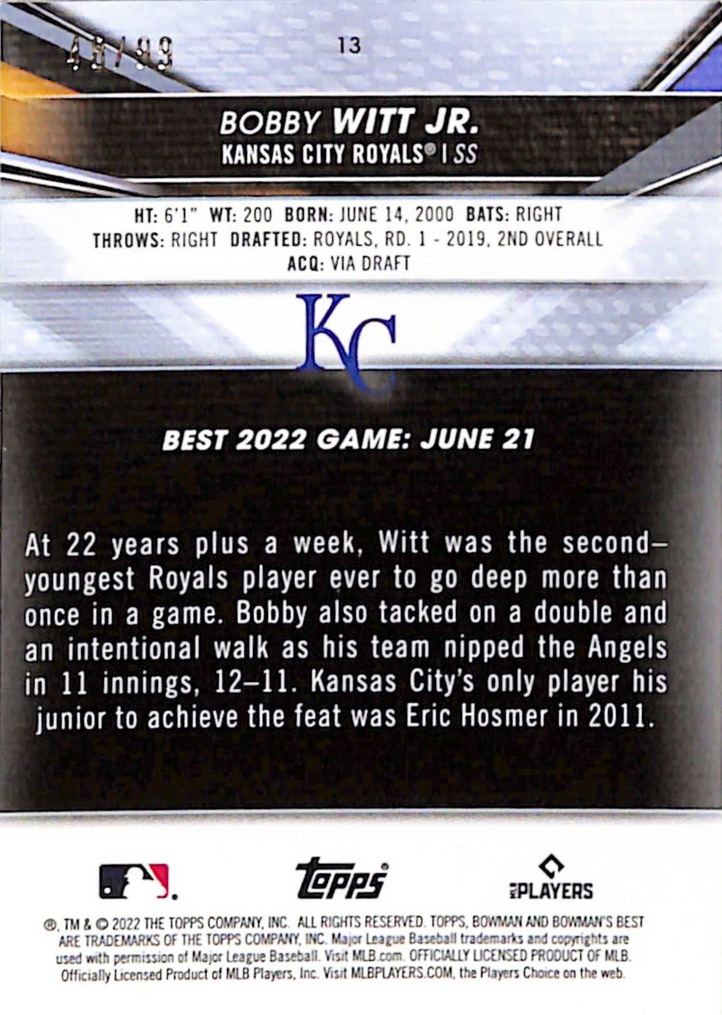 Bobby Witt Jr. 2022 Bowmans Best Green Mini-Diamond Refractor Rookie #48/99