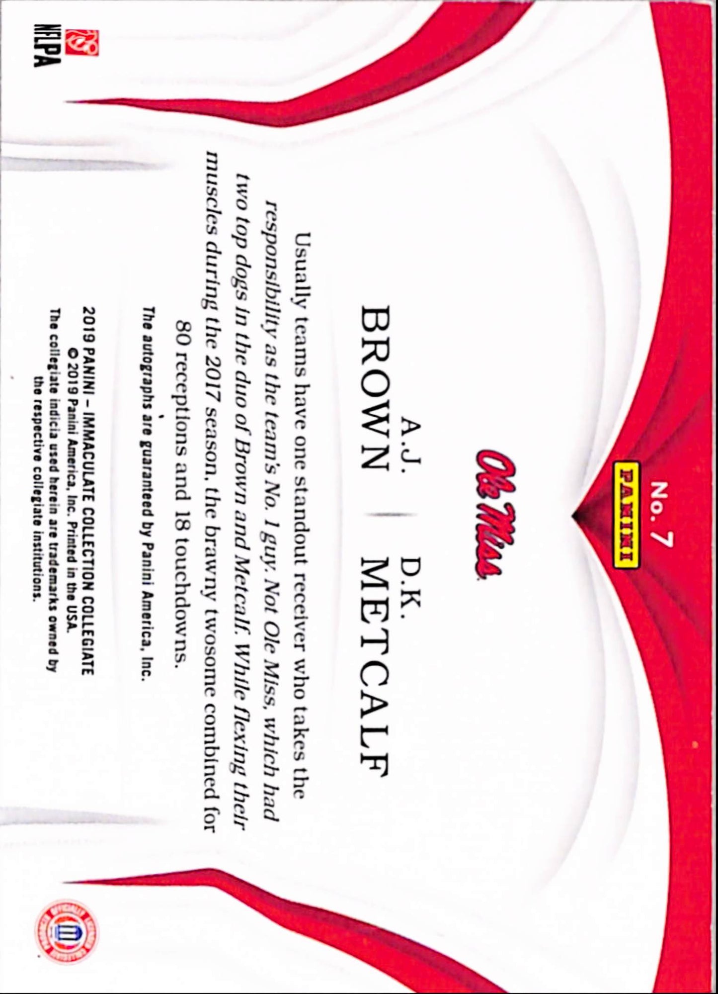 AJ Brown + DK Metcalf 2019 Panini Immaculate Collegiate Dual Auto #5/25