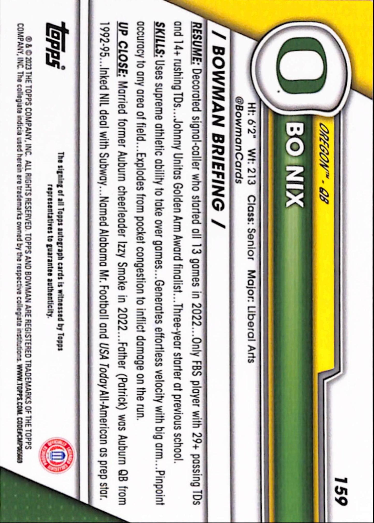 Bo Nix 2023 Bowman Chrome University Auto