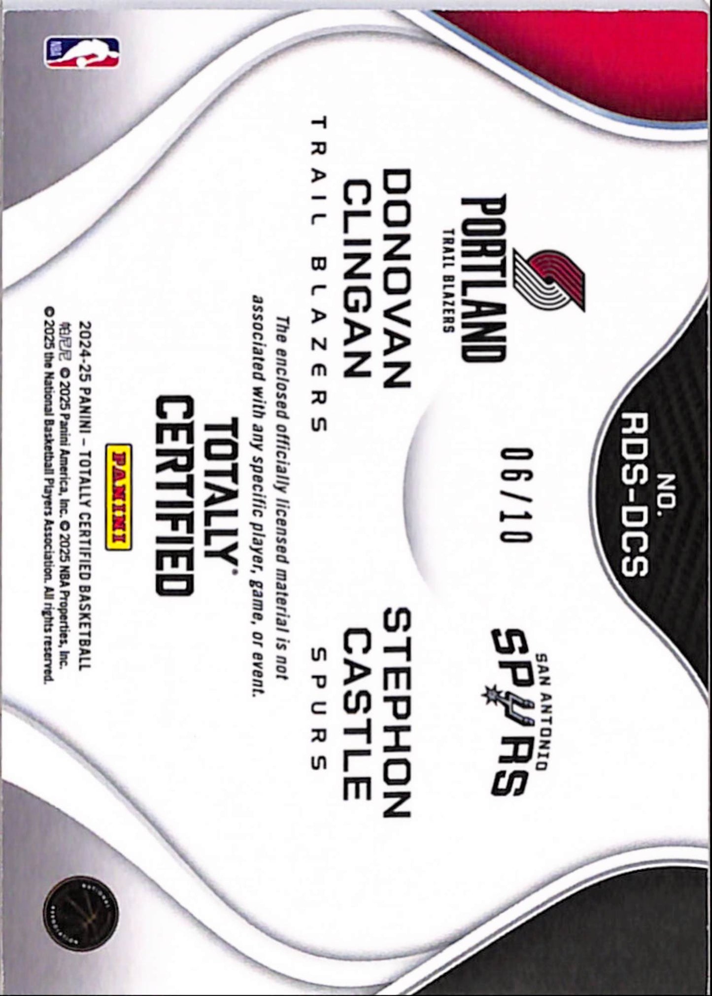 Donovan Clingan + Stephon Castle 2024 Panini Totally Certified Gold Dual Patch #6/10