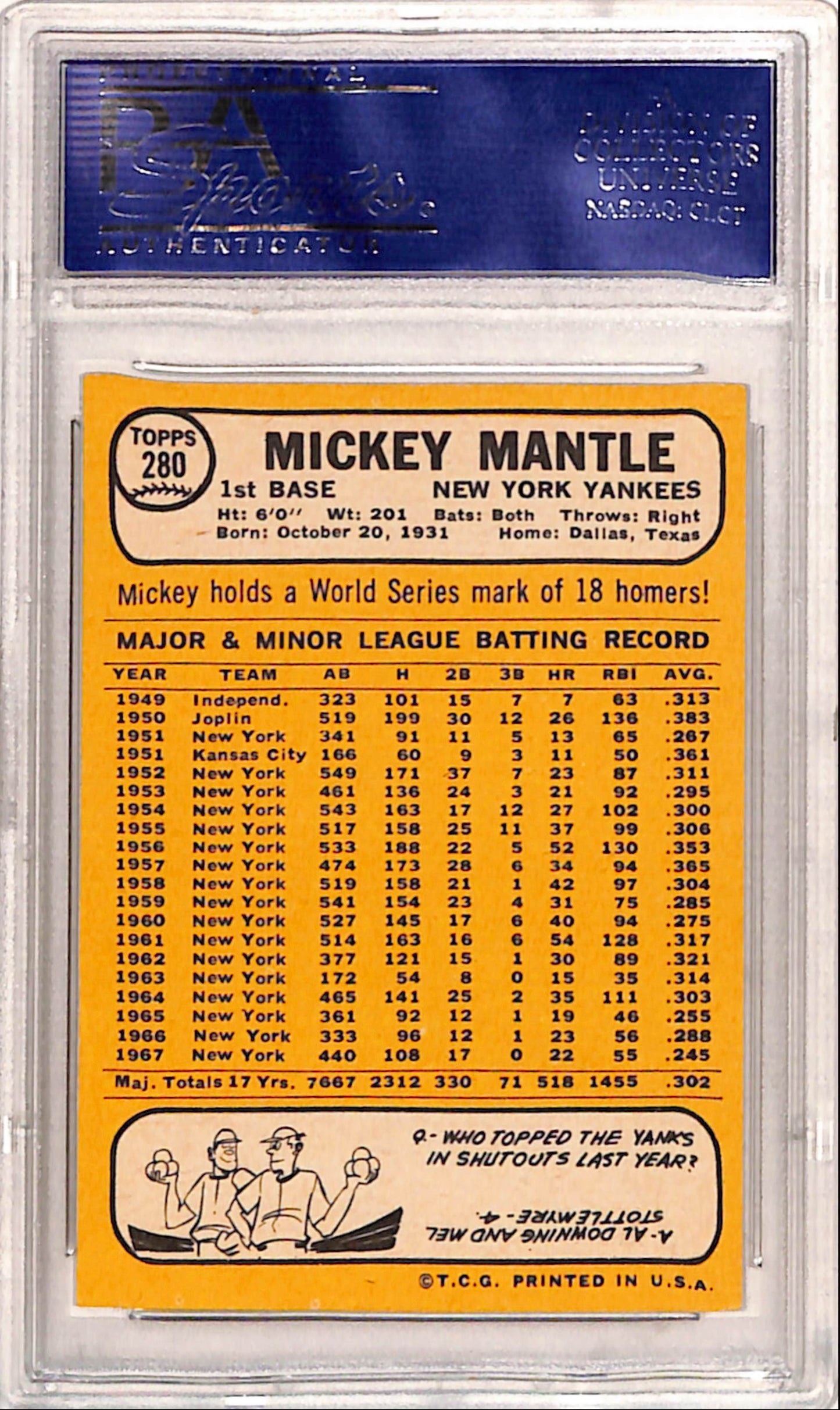 Mickey Mantle 1968 Topps #280 PSA 7 Near Mint 2455