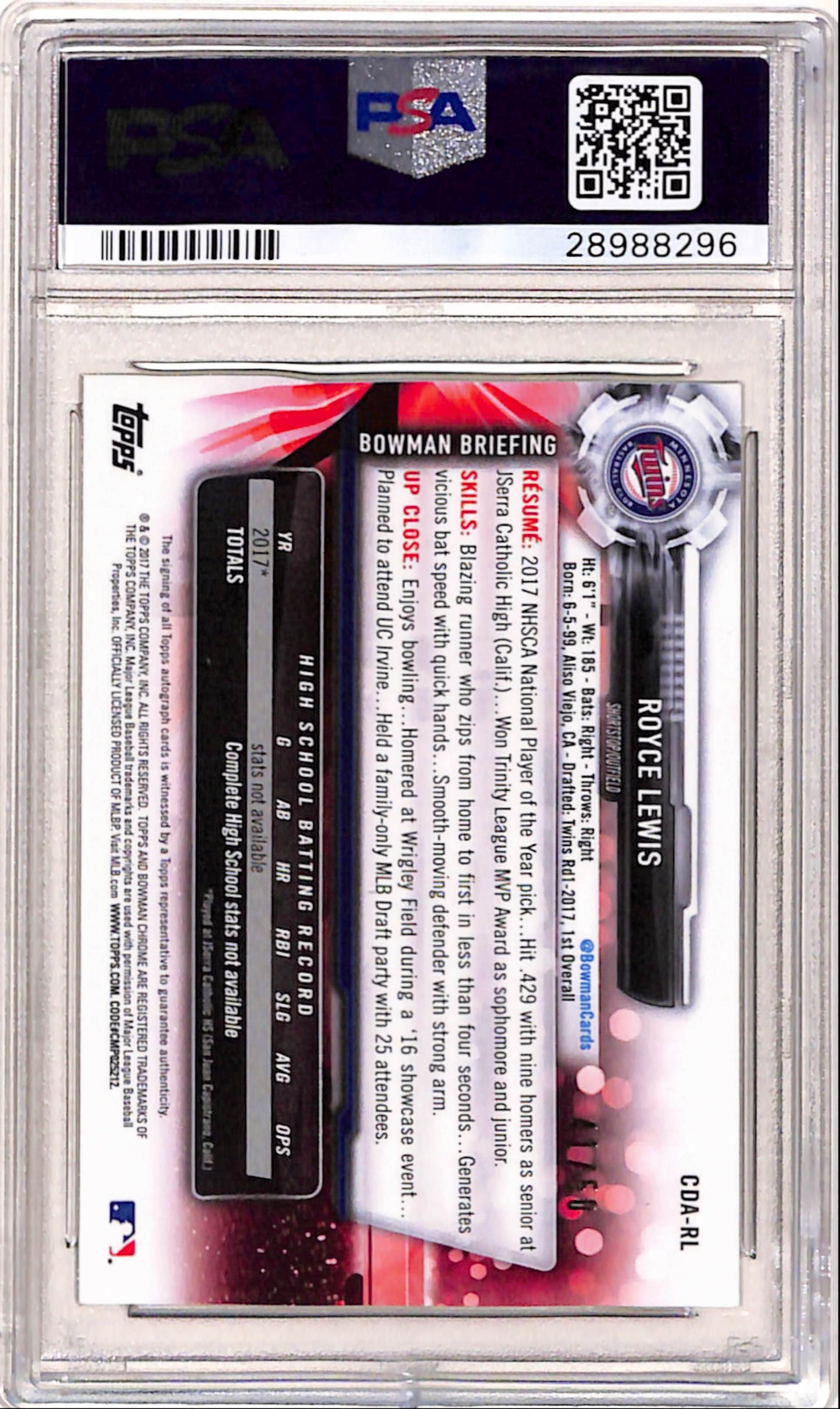 Royce Lewis 2017 Bowman Chrome Draft Gold Wave Refractor Auto #41/50 PSA 10 Gem Mint