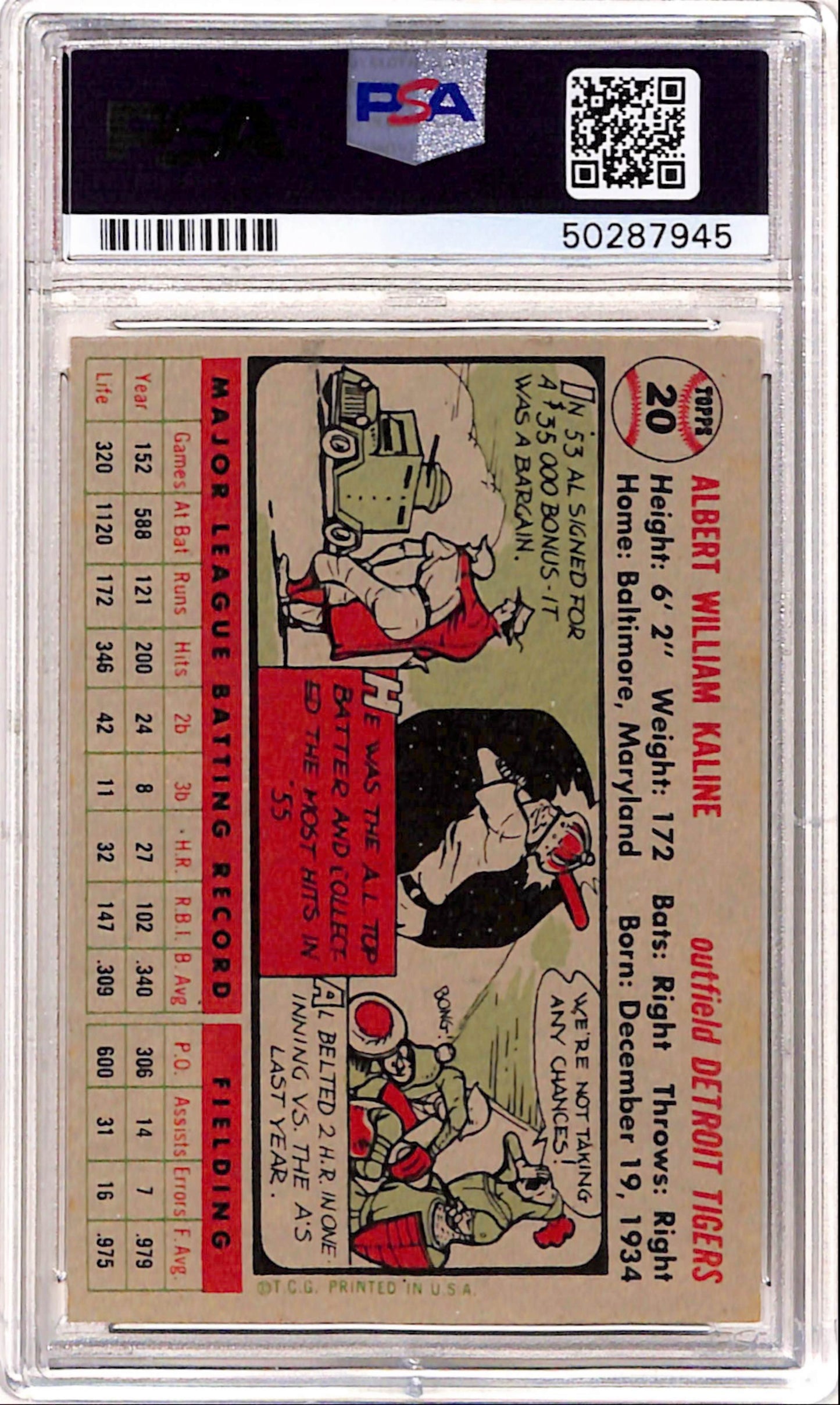 Al Kaline 1956 Topps #20 Gray Back PSA 6 Ex-Mint