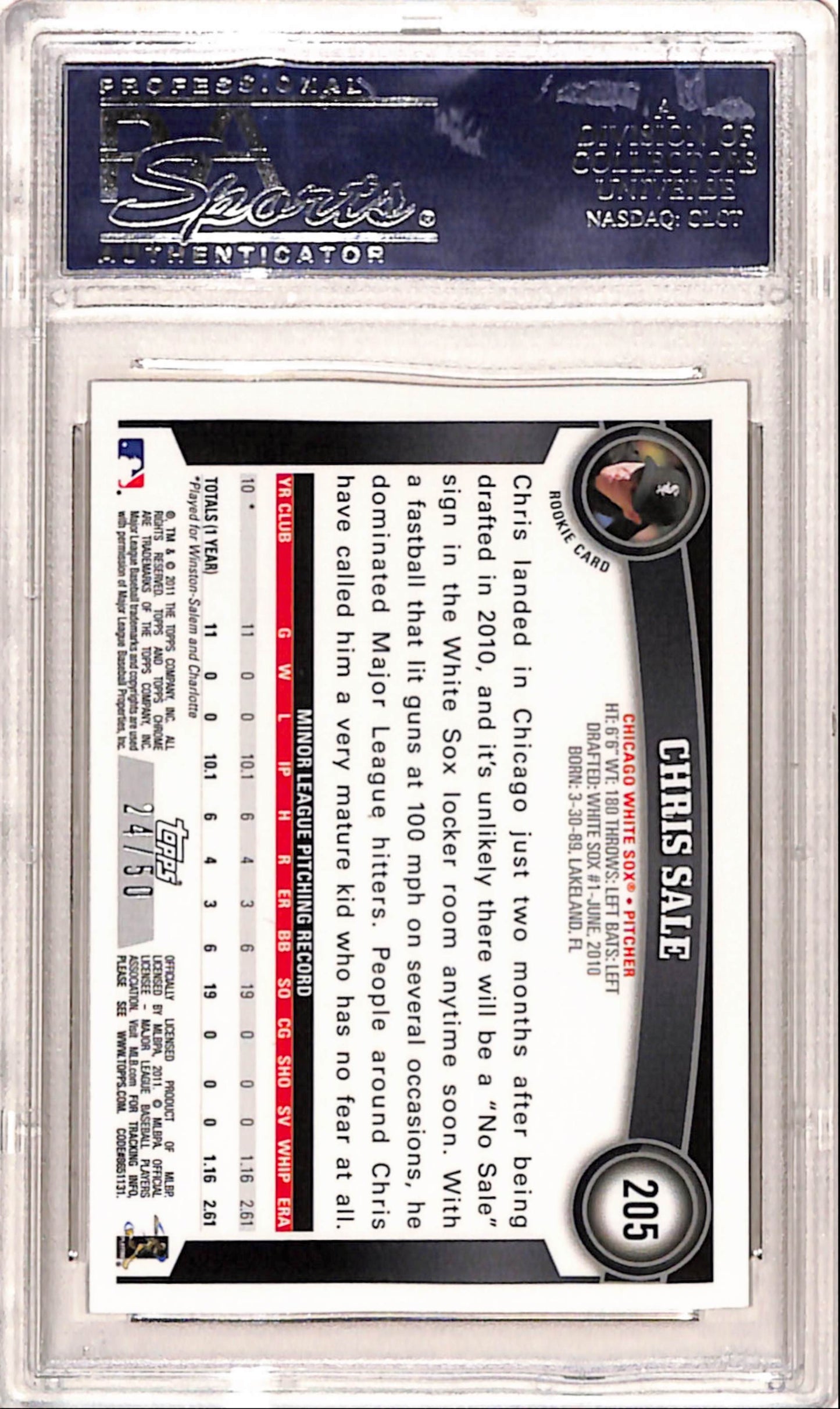 Chris Sale 2011 Topps Chrome Gold Refractor Rookie Auto #24/50 PSA 9 Mint