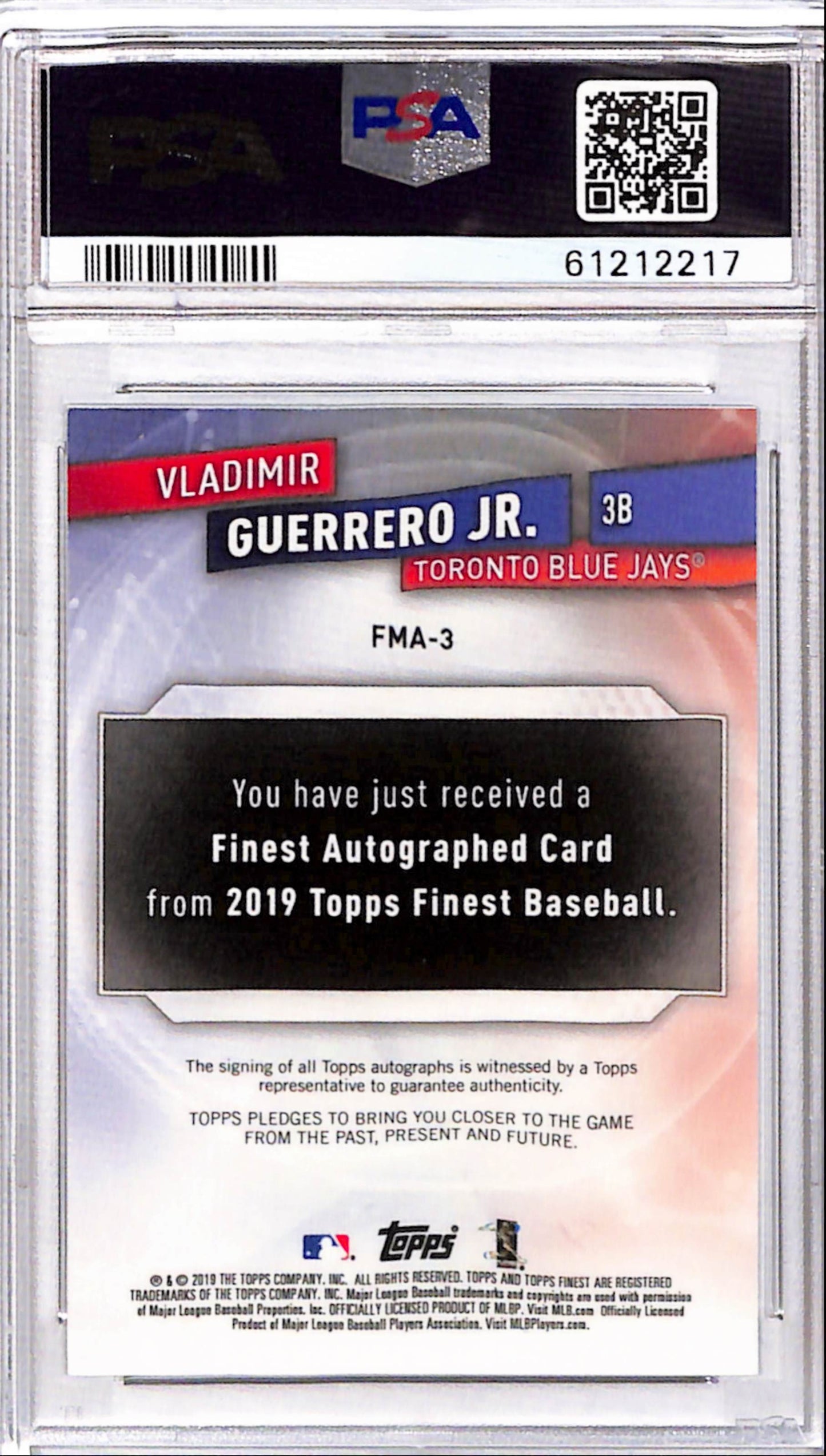 Vladimir Guerrero Jr. 2019 Finest Mystery Redemption Auto #5/99 PSA 9 Mint