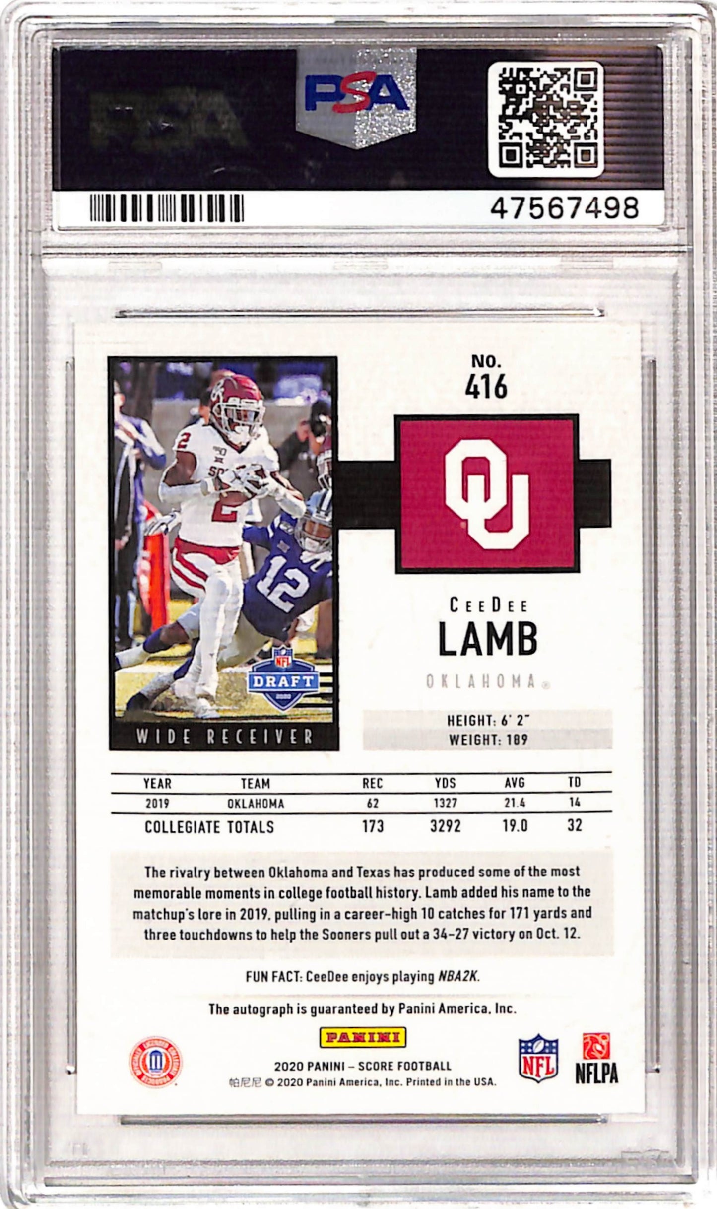 CeeDee Lamb 2020 Score Rookie #416 Auto PSA 10 Gem Mint