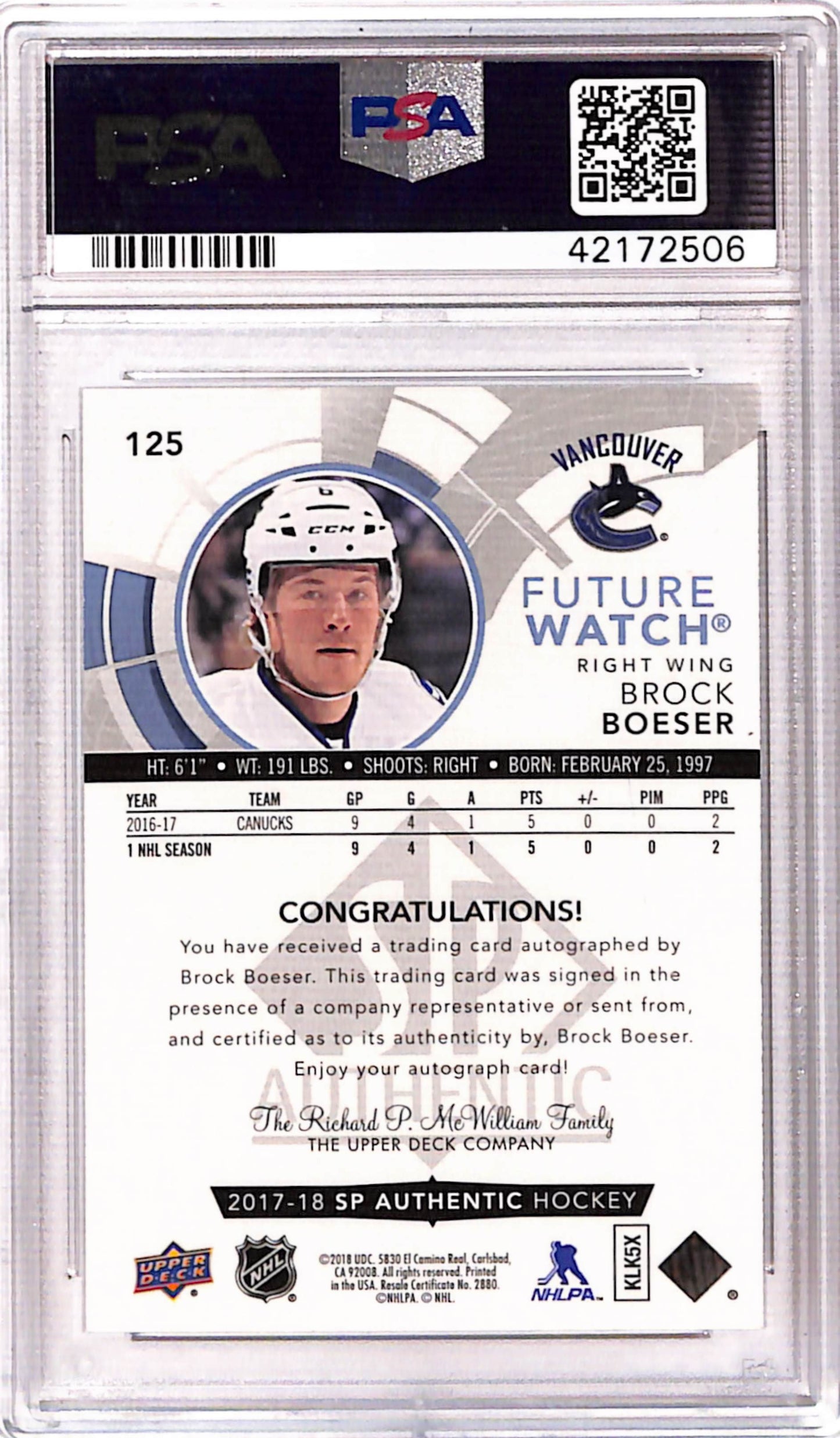 Brock Boeser 2017 SP Authentic Rookie Auto #18/999 Debut Date PSA 10 Gem Mint