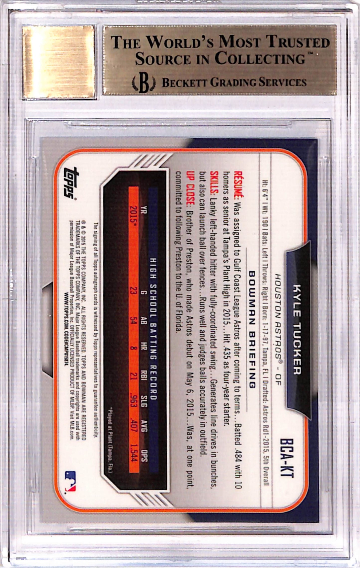 Kyle Tucker 2015 Bowman Chrome Draft Refractor Auto BGS 9.5 Auto 10