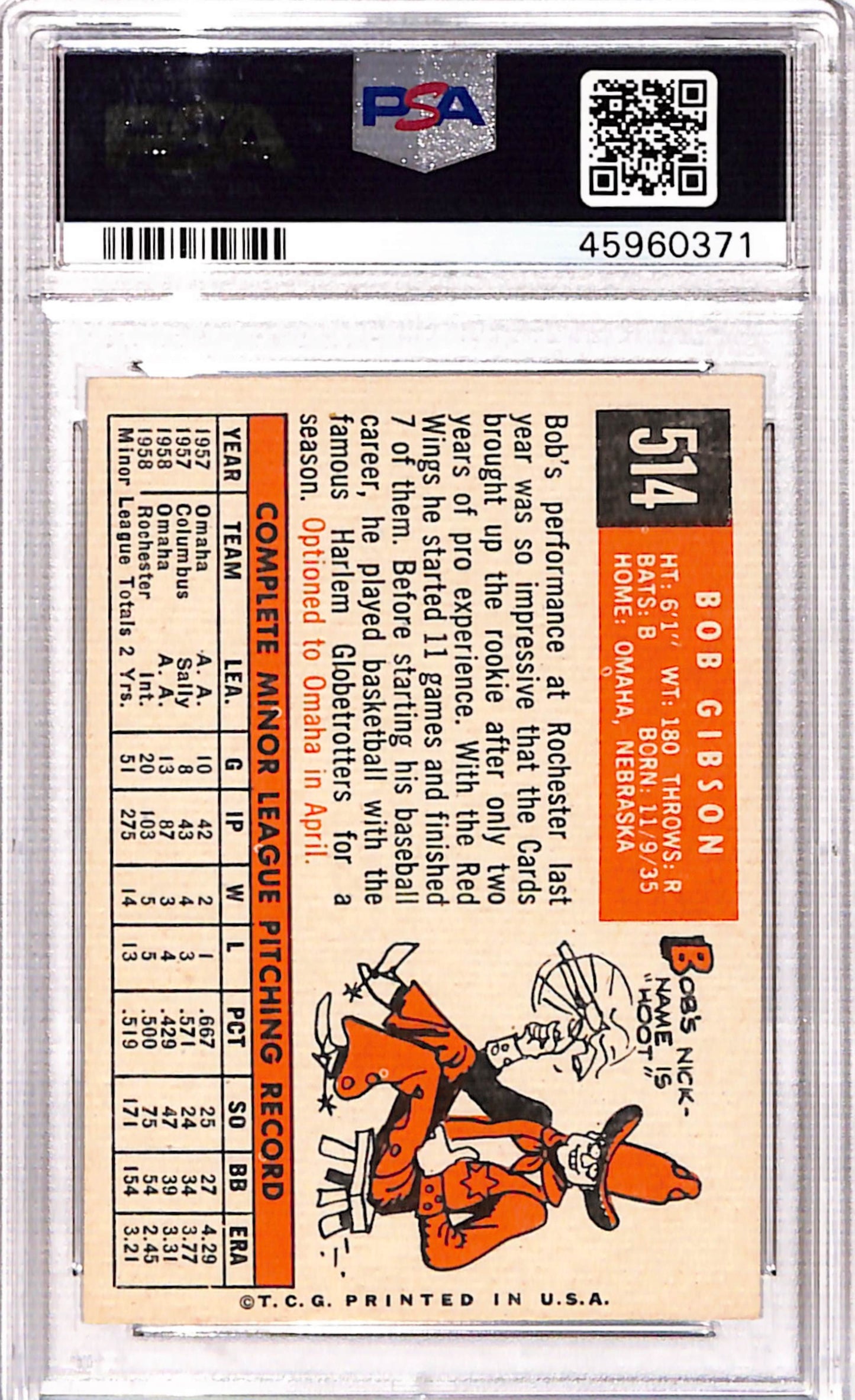Bob Gibson 1959 Topps Rookie #514 PSA 7 Near Mint