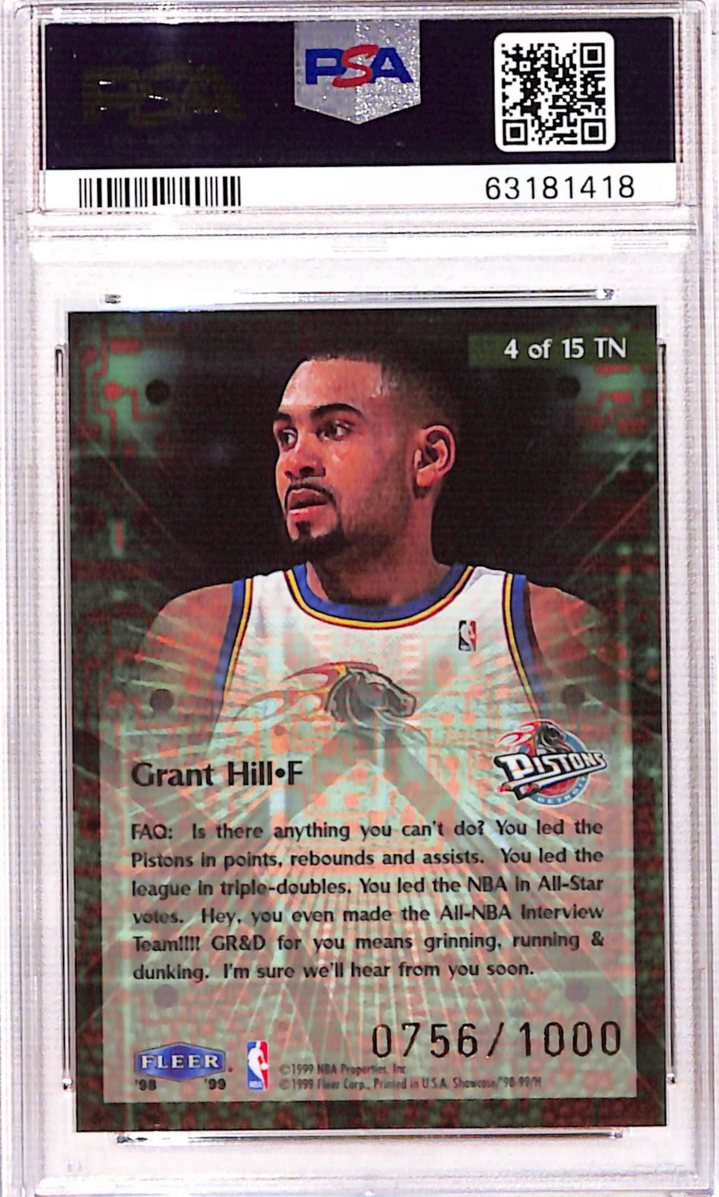 Grant Hill 1998 Flair Showcase TakeIt2.net #756/1000 PSA 9 Mint