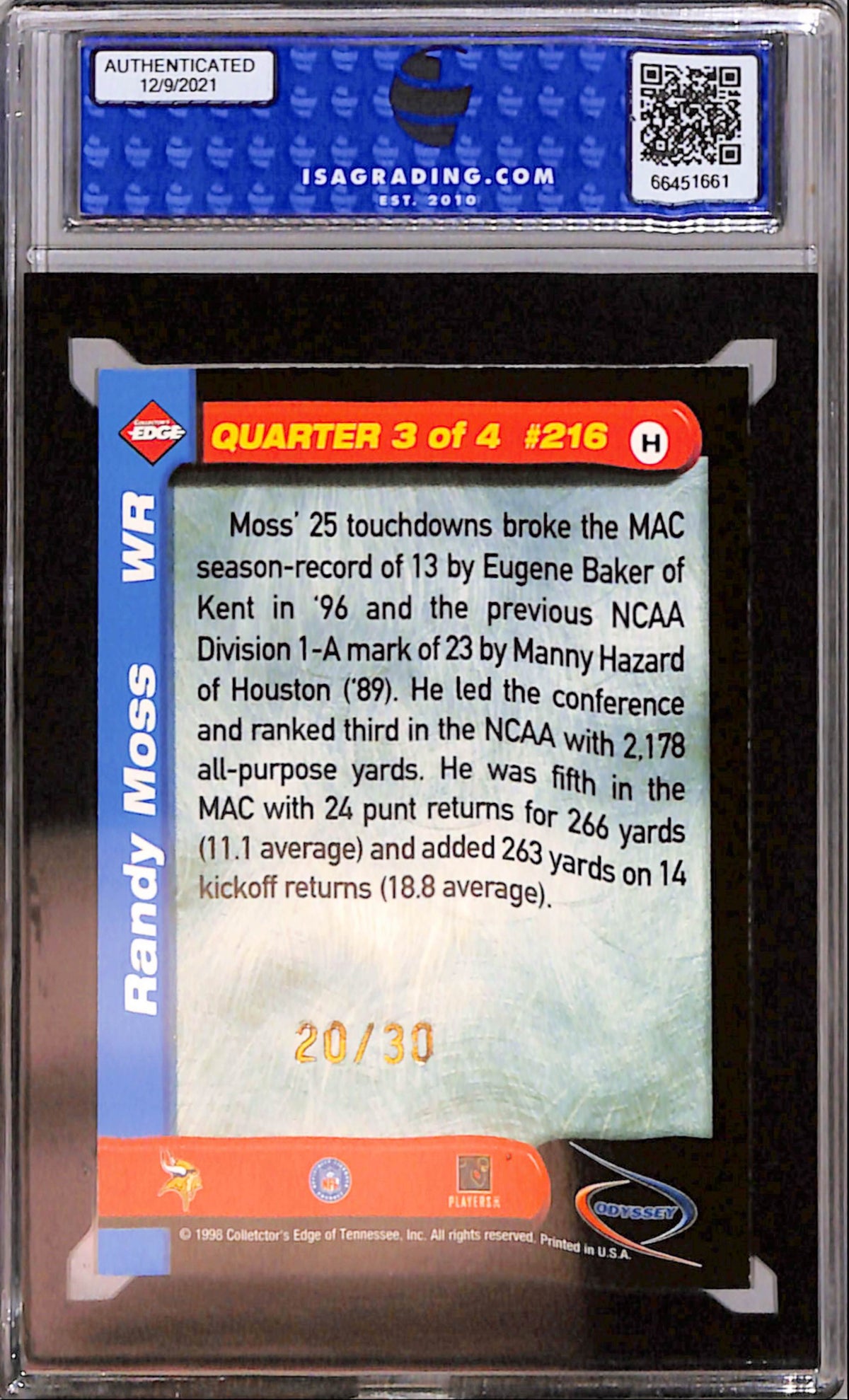 Randy Moss 1998 Collectors Edge Odyssey Rookie #216 Holo Gold ISA 9 Mint