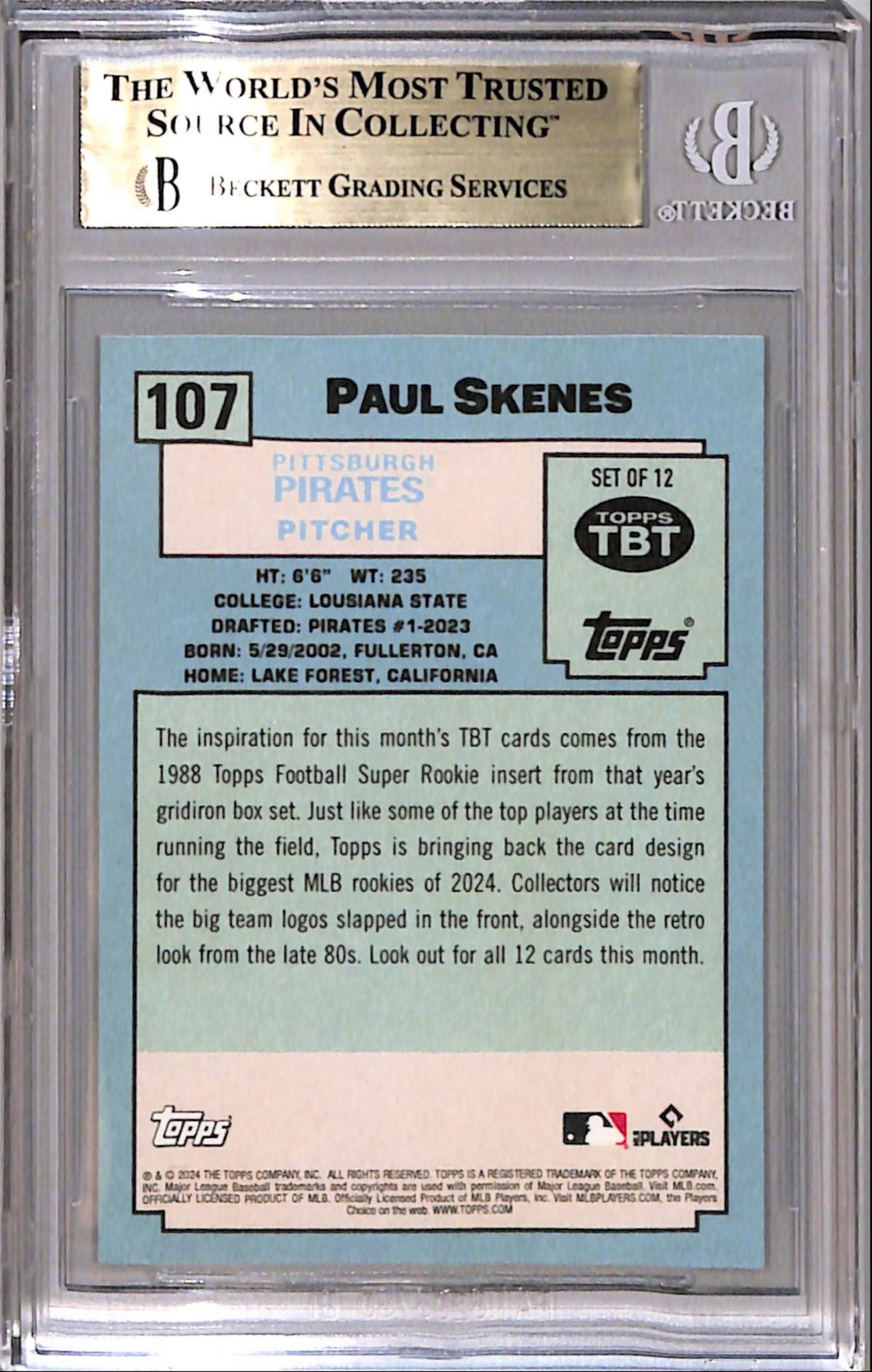 Paul Skenes 2024 Topps Throwback Thursday 1988 Topps BGS 10 Pristne