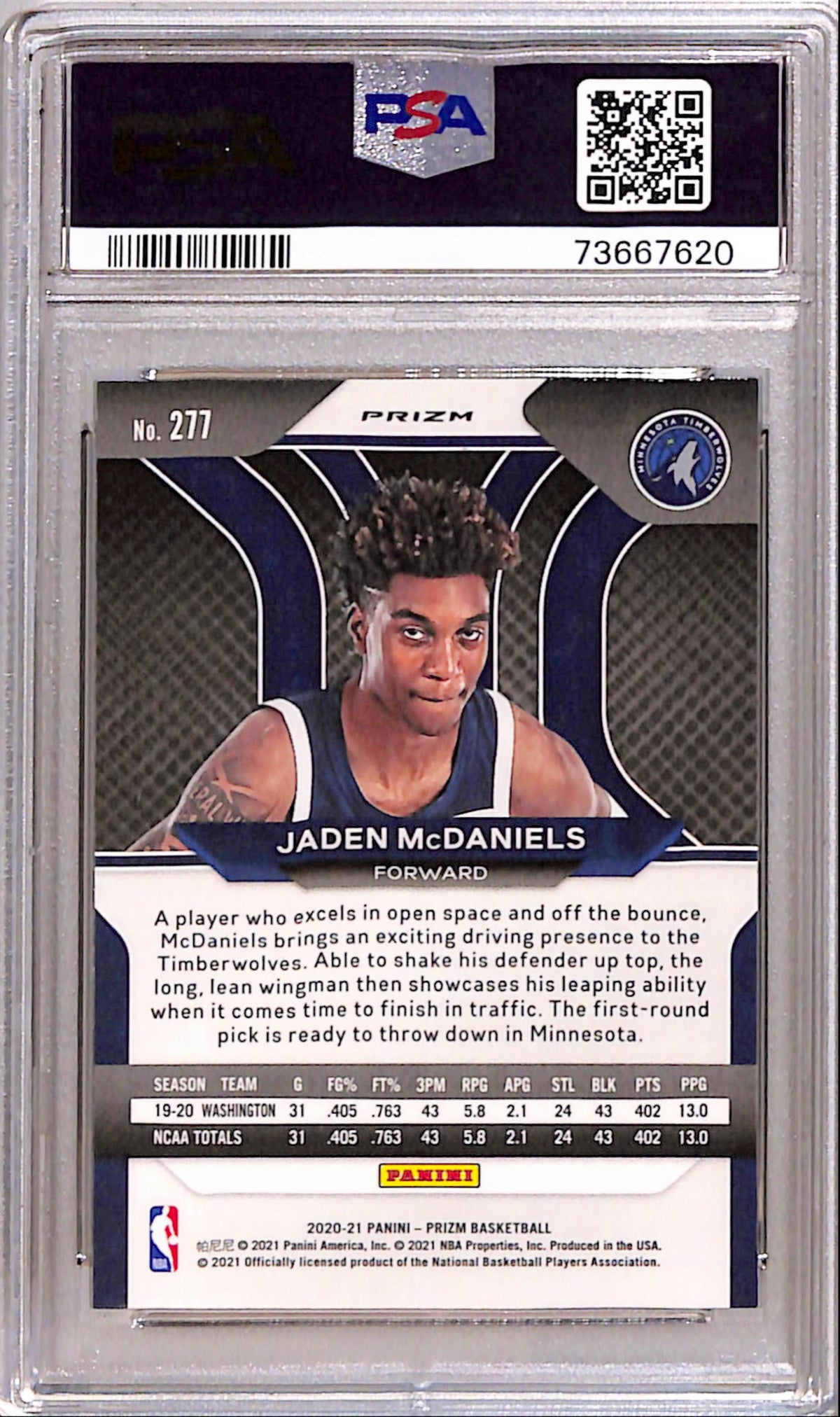 Jaden McDaniels 2020 Panini Prizm Rookie #277 Silver Prizm PSA 10 Gem Mint 7620