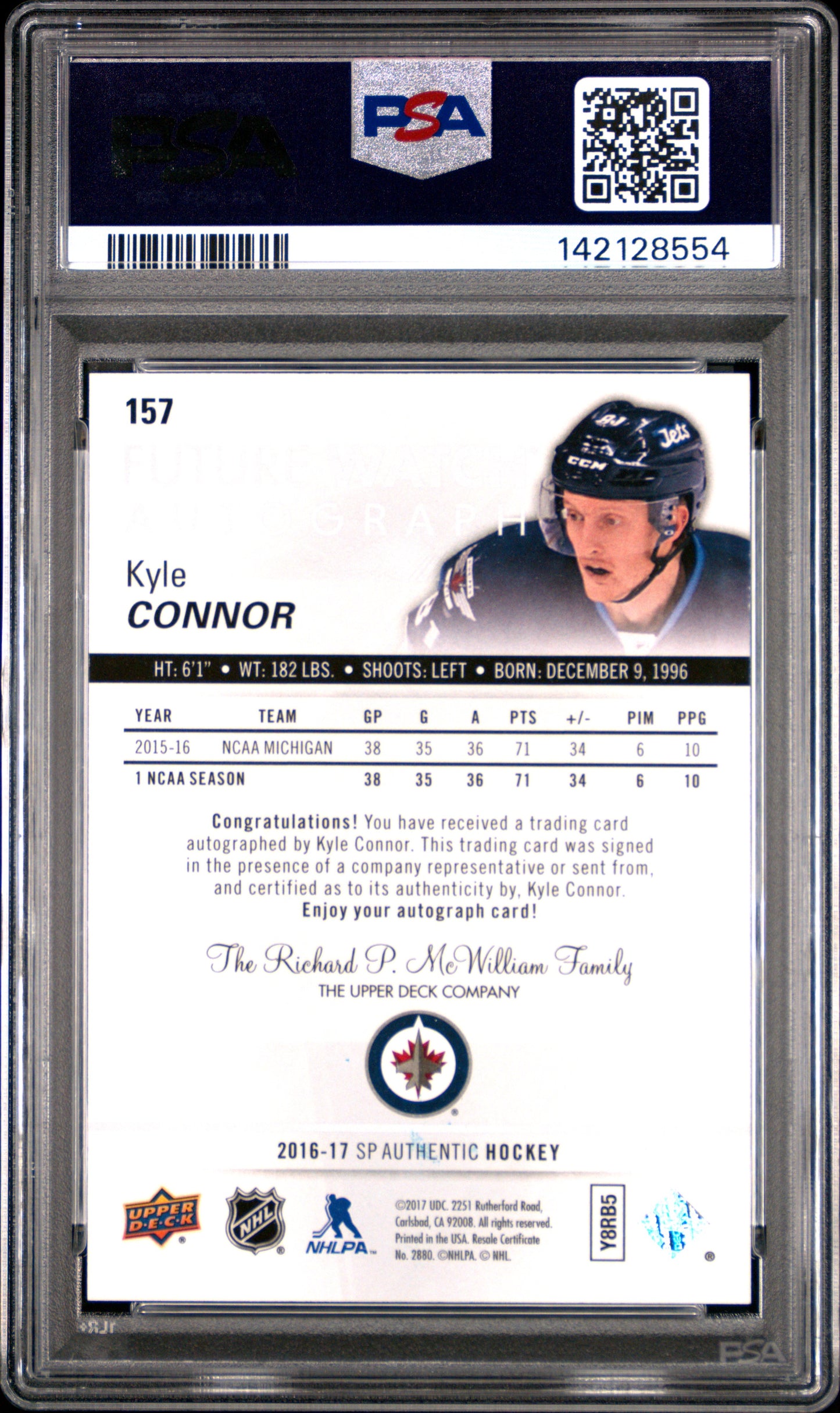 Kyle Connor 2016 SP Authentic Rookie Auto #649/999 PSA 10 Gem Mint