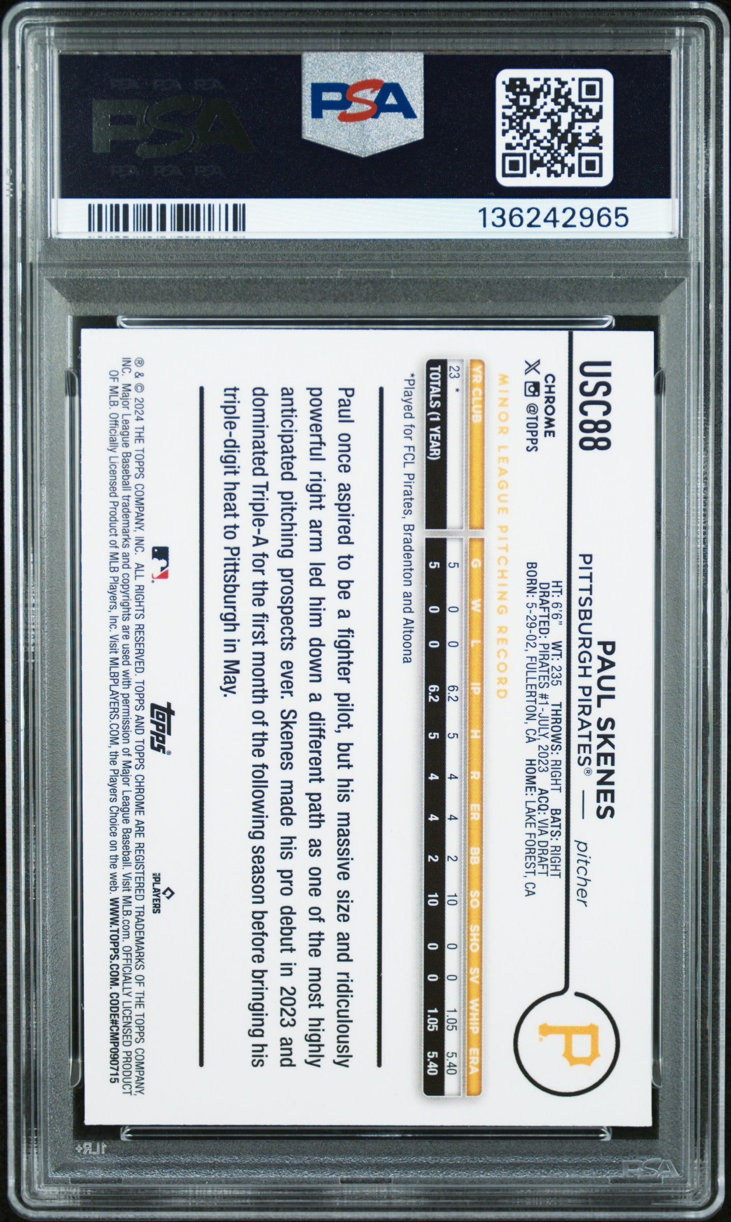 Paul Skenes 2024 Topps Chrome Update X-Fractor #USC88 PSA 10 Gem Mint