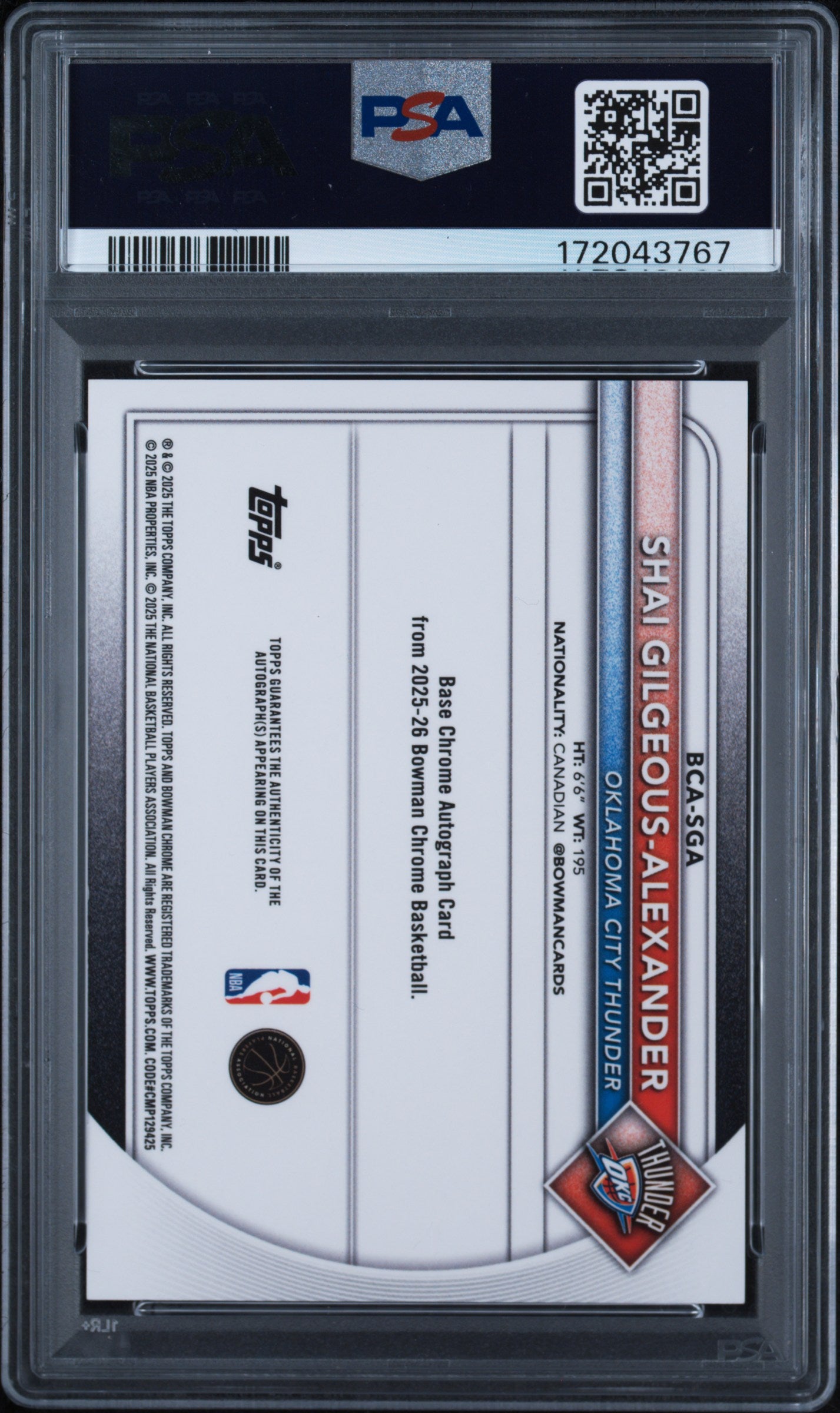 Shai Gilgeous-Alexander 2025 Bowman Chrome Red Geometric Auto #5/5 PSA 9 Auto 10