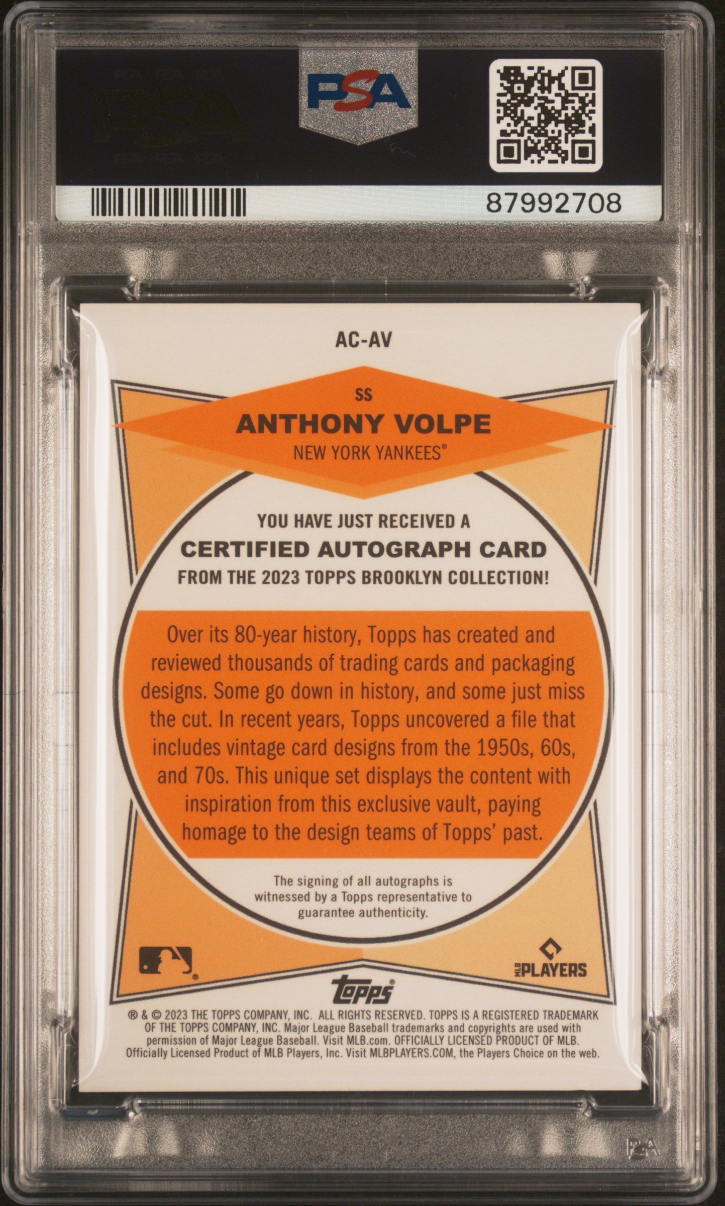 Anthony Volpe 2023 Topps Brooklyn Collection Auto #75/99 PSA 10 Auto 10