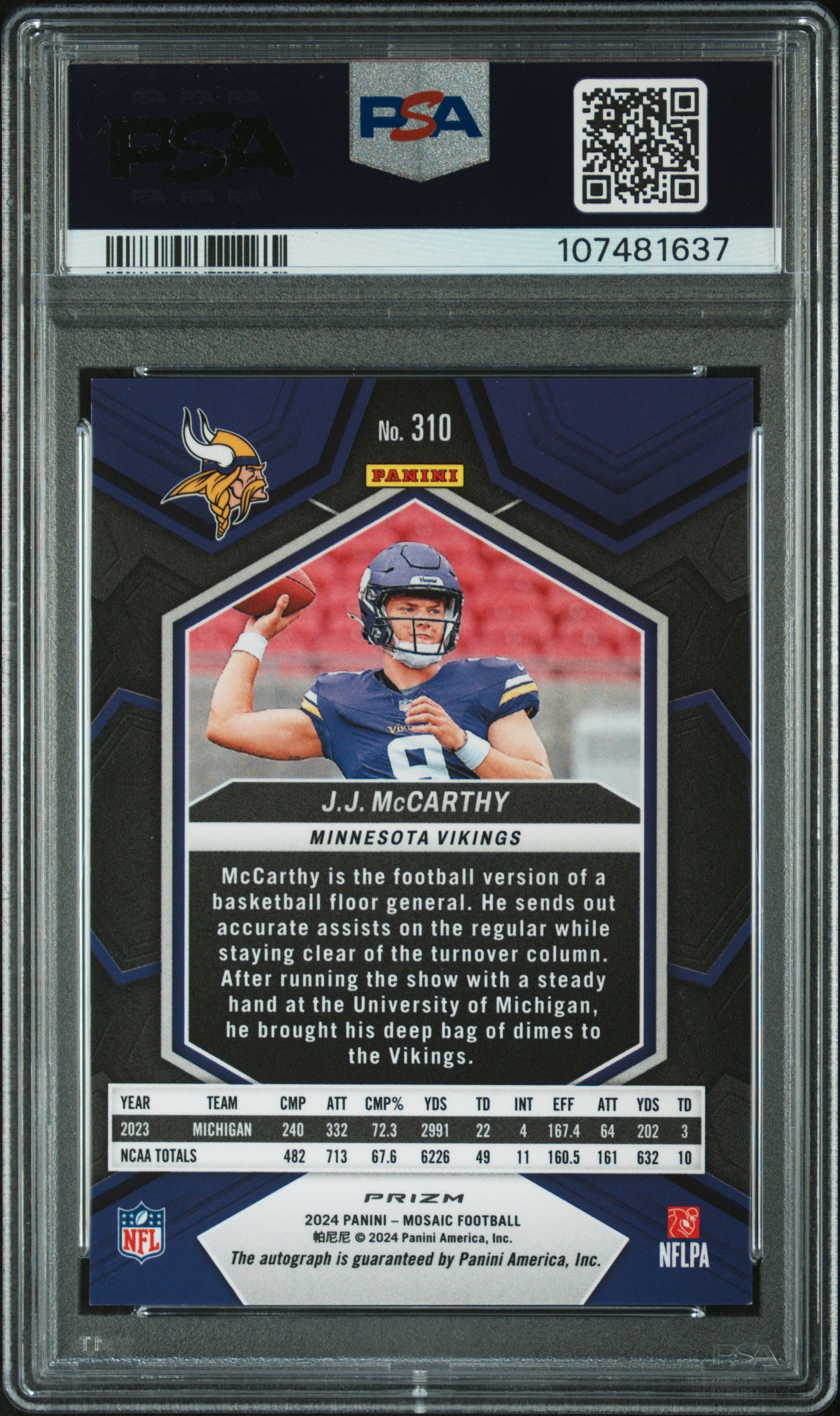 JJ McCarthy 2024 Panini Mosaic Fusion Red/Yellow Choice Auto PSA 9 Auto 10