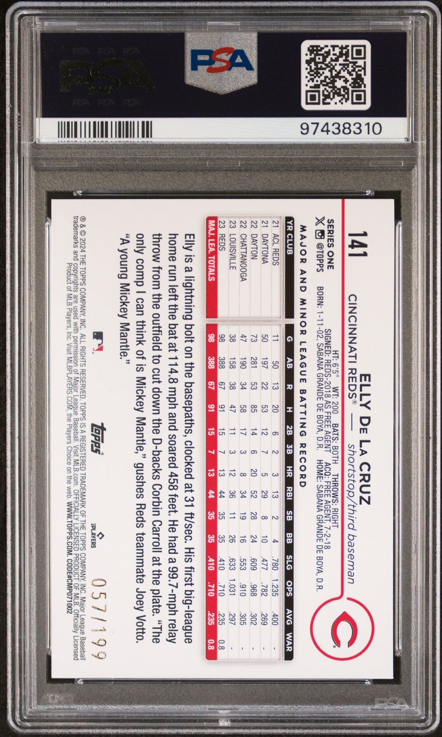 Elly de la Cruz 2024 Topps Rookie #141 Red Crackle Foil Board #57/199 PSA 10 Gem Mint