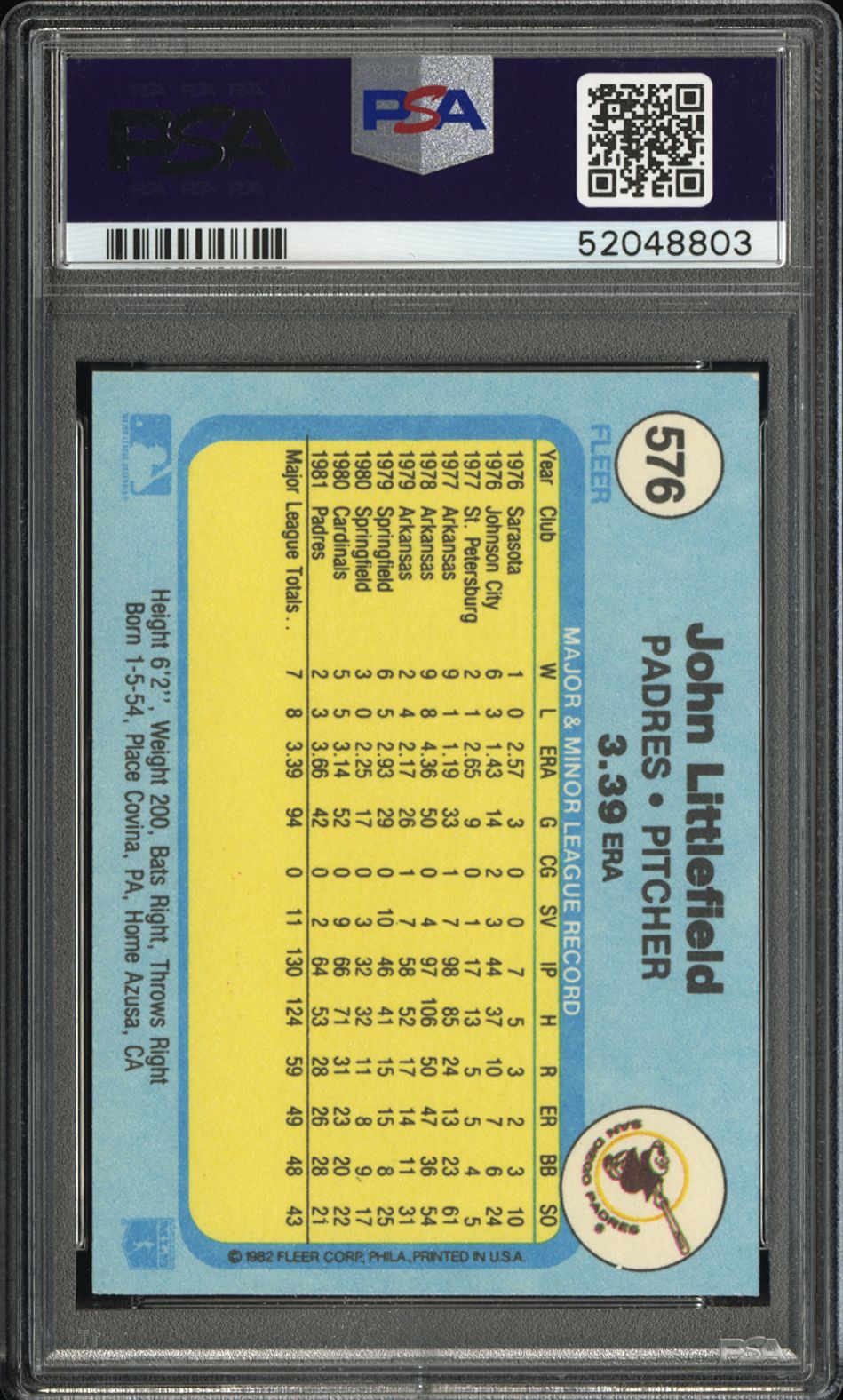 John Littlefield 1982 Fleer Pitching Lefty Error #576 PSA 9 Mint