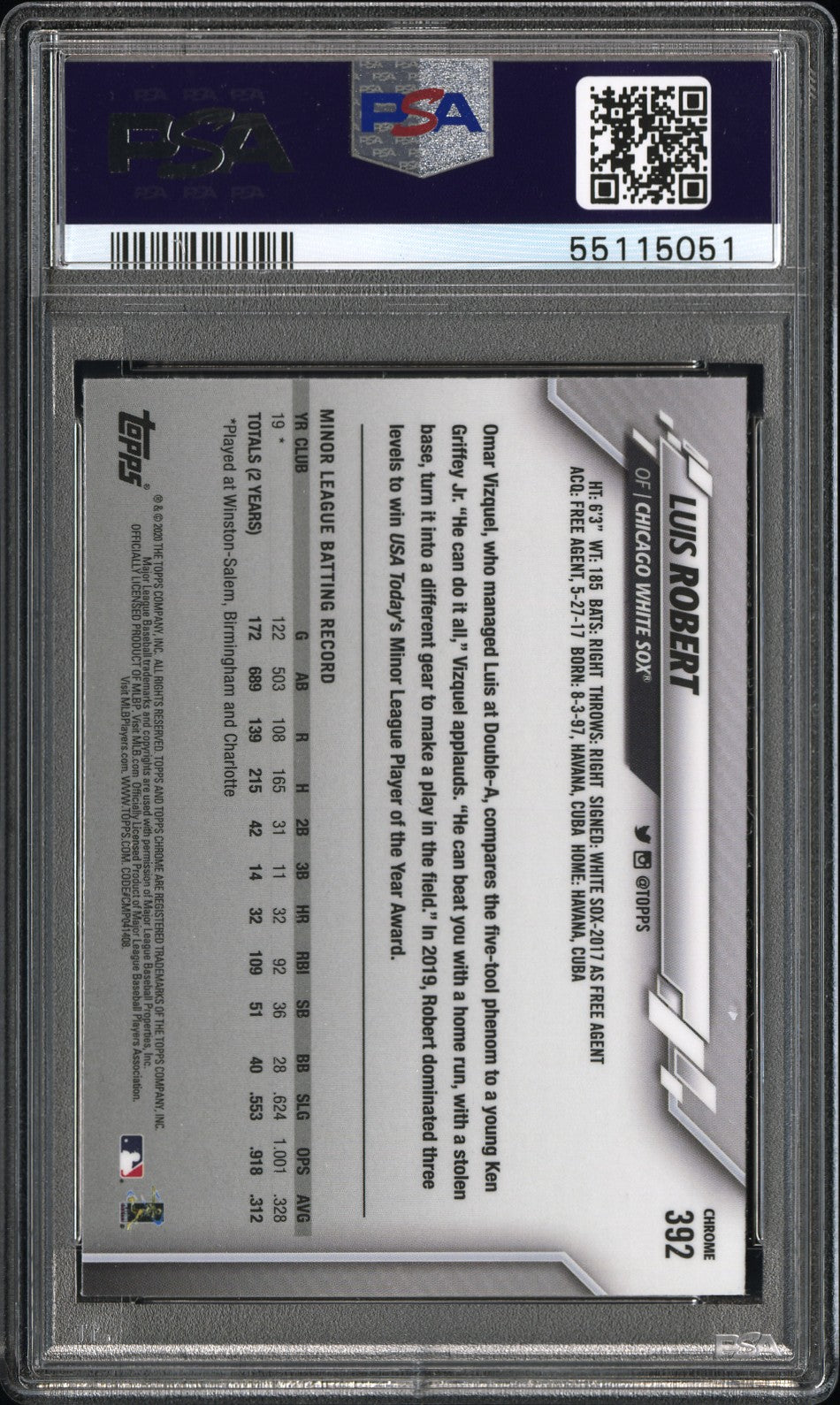 Luis Robert 2020 Topps Chrome Sapphire Rookie #392 PSA 10 Gem Mint 5051