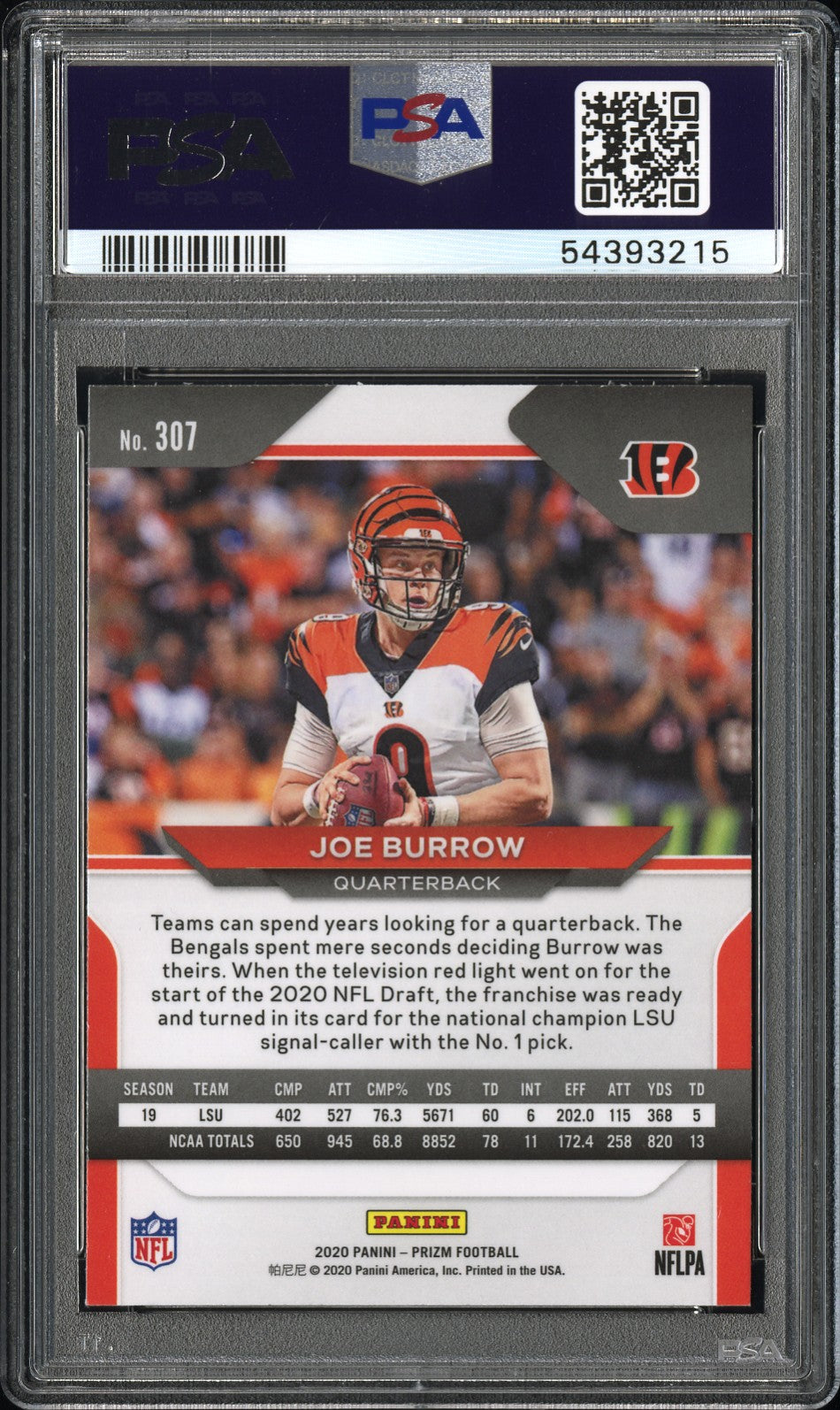 Joe Burrow 2020 Panini Prizm Rookie #307 PSA 10 Gem Mint 3215