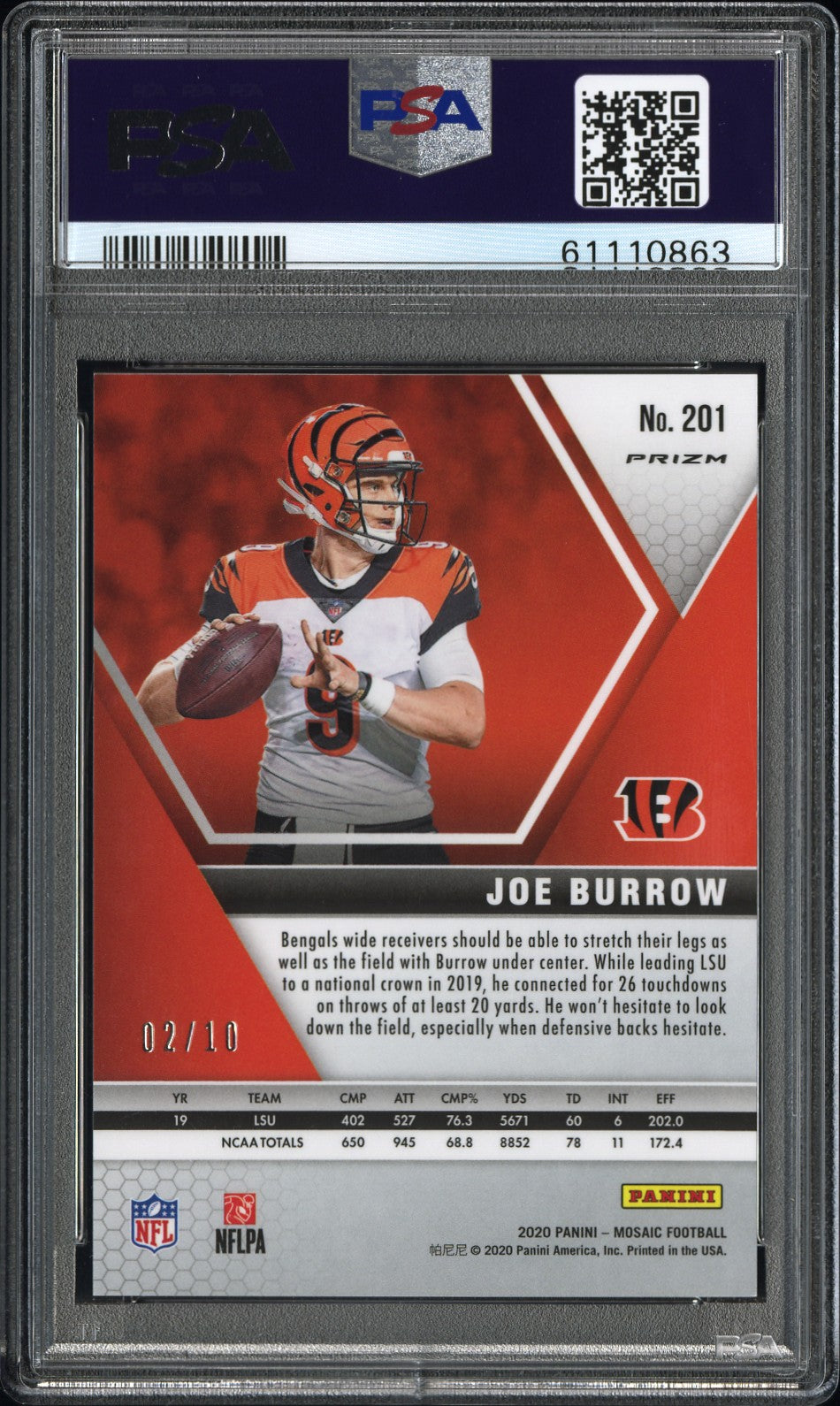 Joe Burrow 2020 Panini Mosaic Rookie #201 No Huddle Gold #2/10 PSA 10 Gem Mint