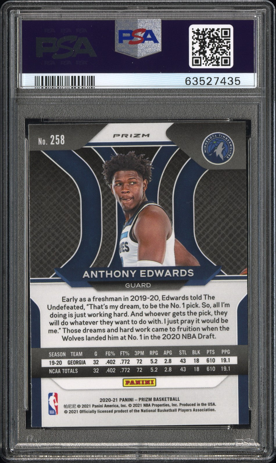 Anthony Edwards 2020 Panini Prizm Silver Rookie #258 PSA 10 Gem Mint 7435