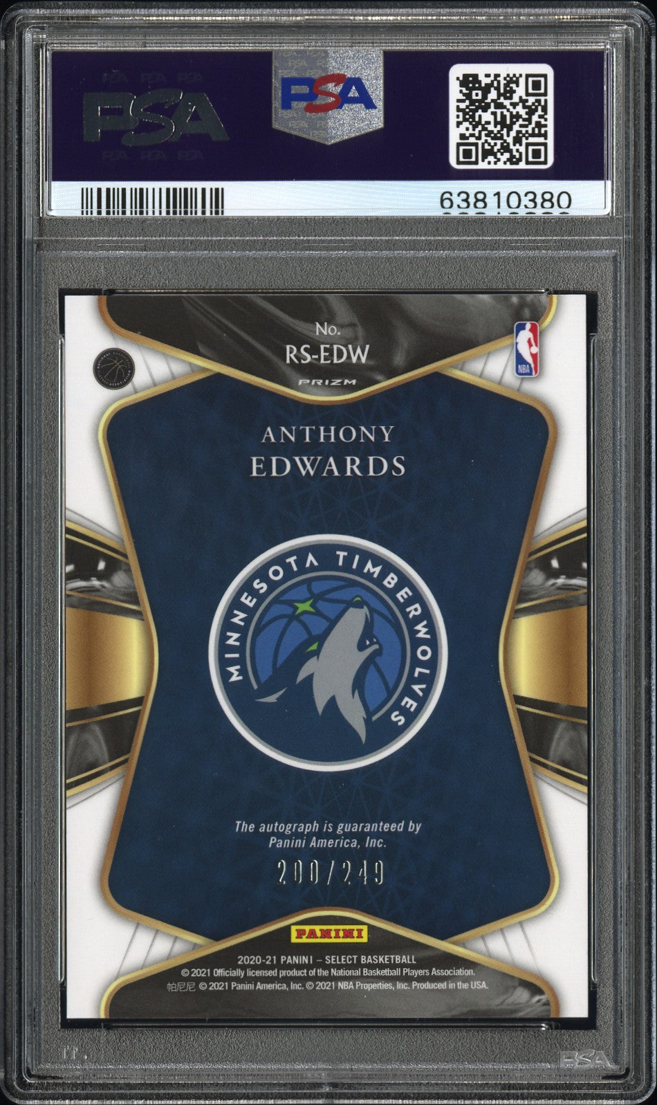 Anthony Edwards 2020 Panini Select Rookie Signatures Auto #200/249 PSA 10 Gem Mint
