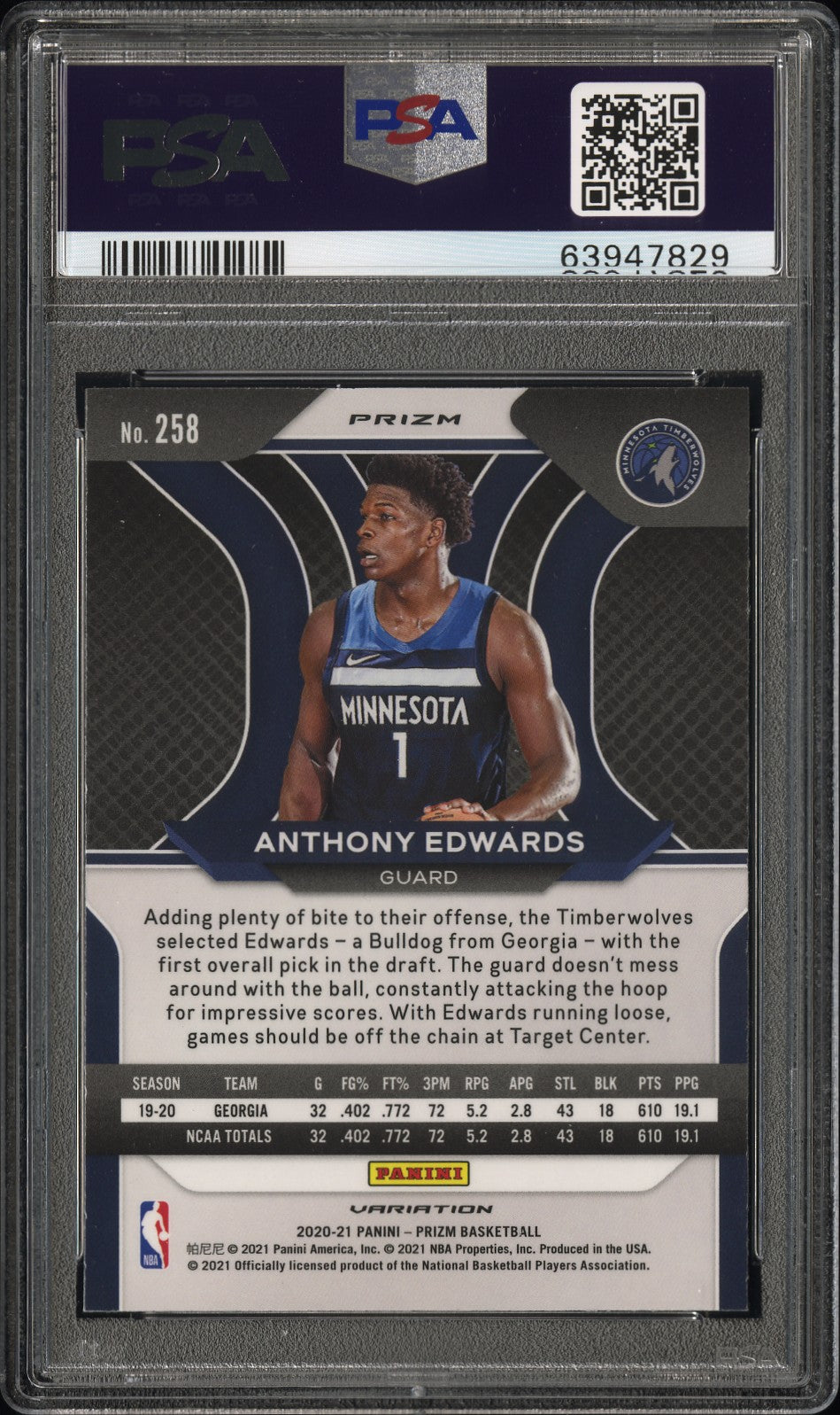 Anthony Edwards 2020 Panini Prizm Rookie #258 Variation Fast Break PSA 10 Gem Mint