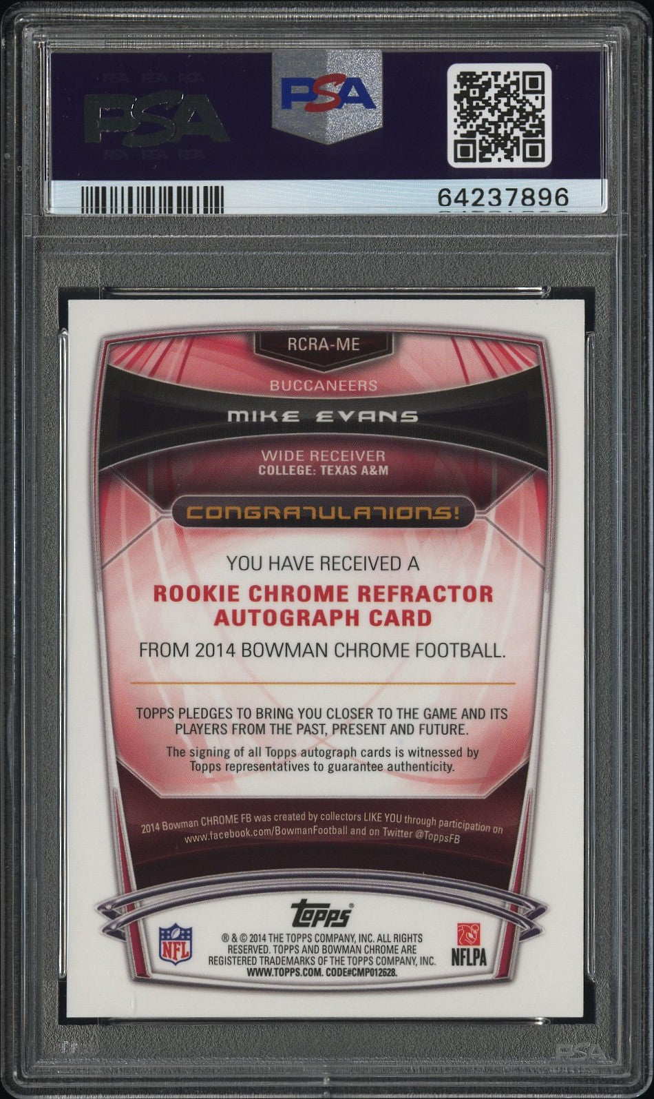 Mike Evans 2014 Bowman Chrome Rookie Xfractor Auto #9/10 PSA 10 Gem Mint