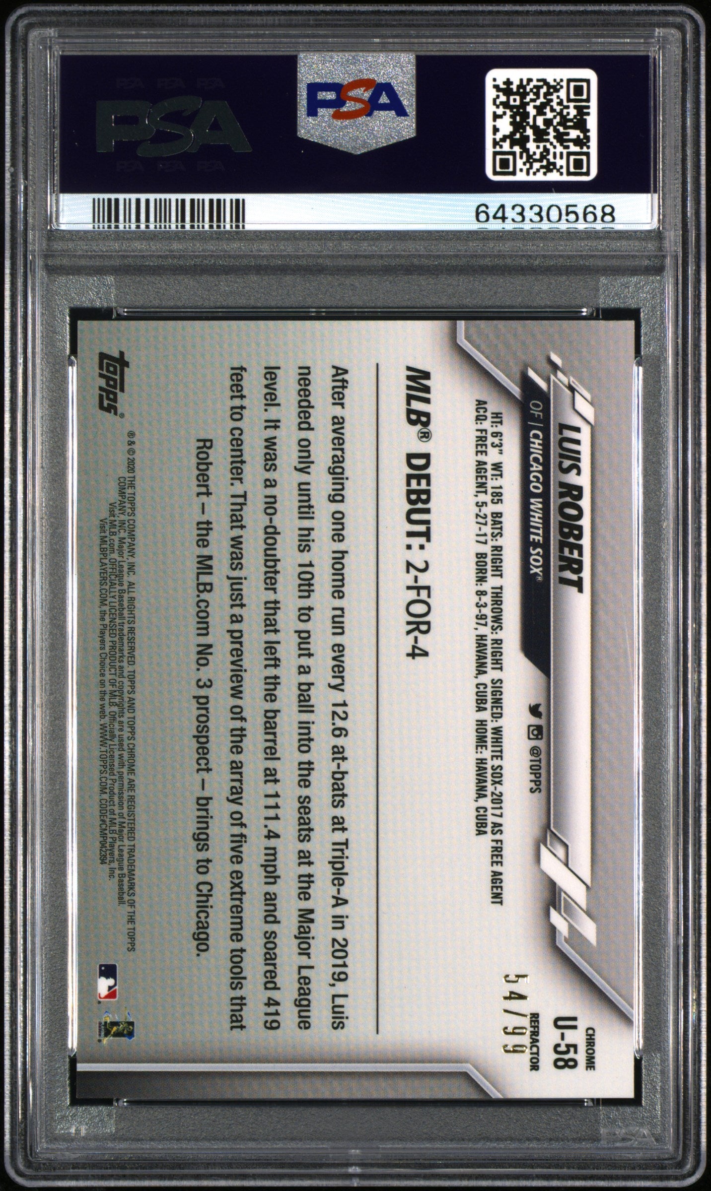Luis Robert 2020 Topps Chrome Update X-Fractor Rookie #54/99 PSA 8 Nm-Mint