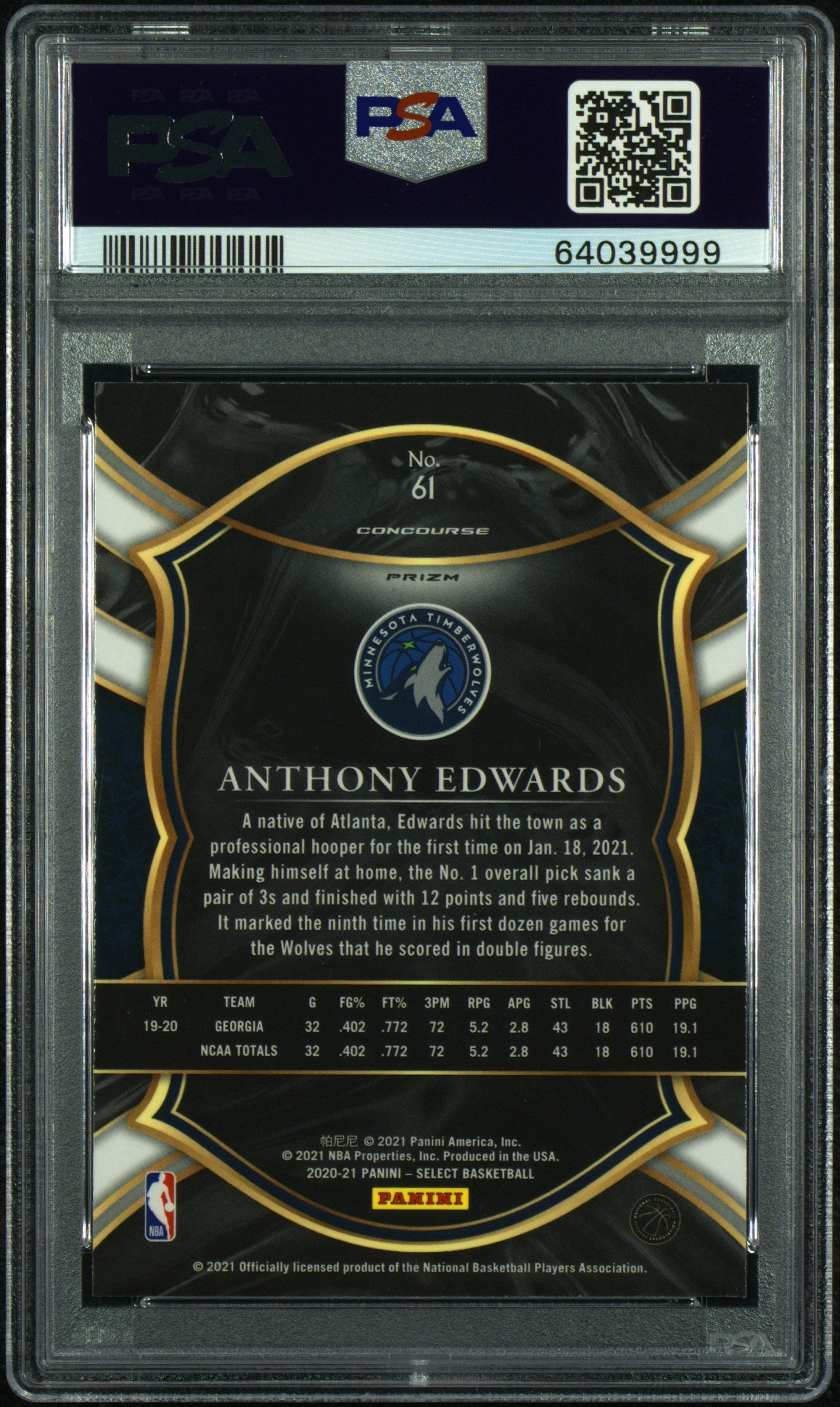 Anthony Edwards 2020 Panini Select Silver #61 PSA 10 Gem Mint 9999