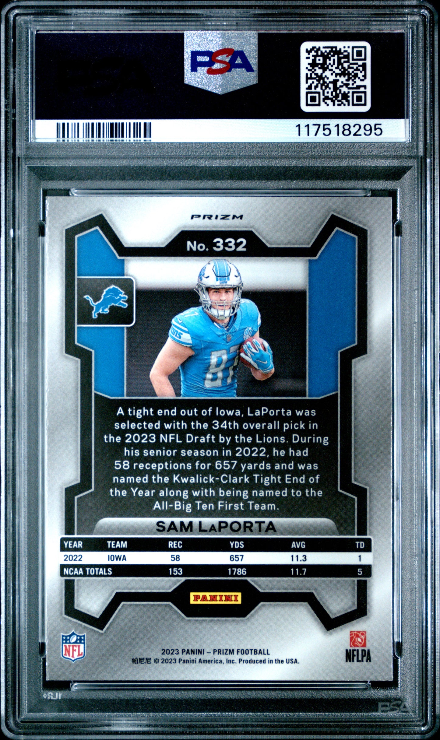 Sam LaPorta 2023 Panini Prizm Rookie #332 Snakeskin Prizm PSA 9 Mint