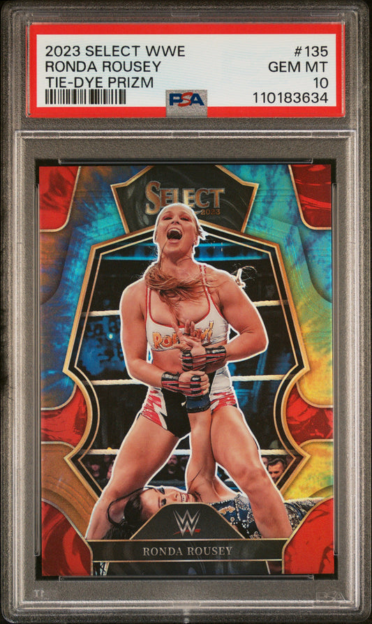 Ronda Rousey 2023 Panini Select WWE #135 Tie-Dye Prizm #11/25 PSA 10 Gem Mint