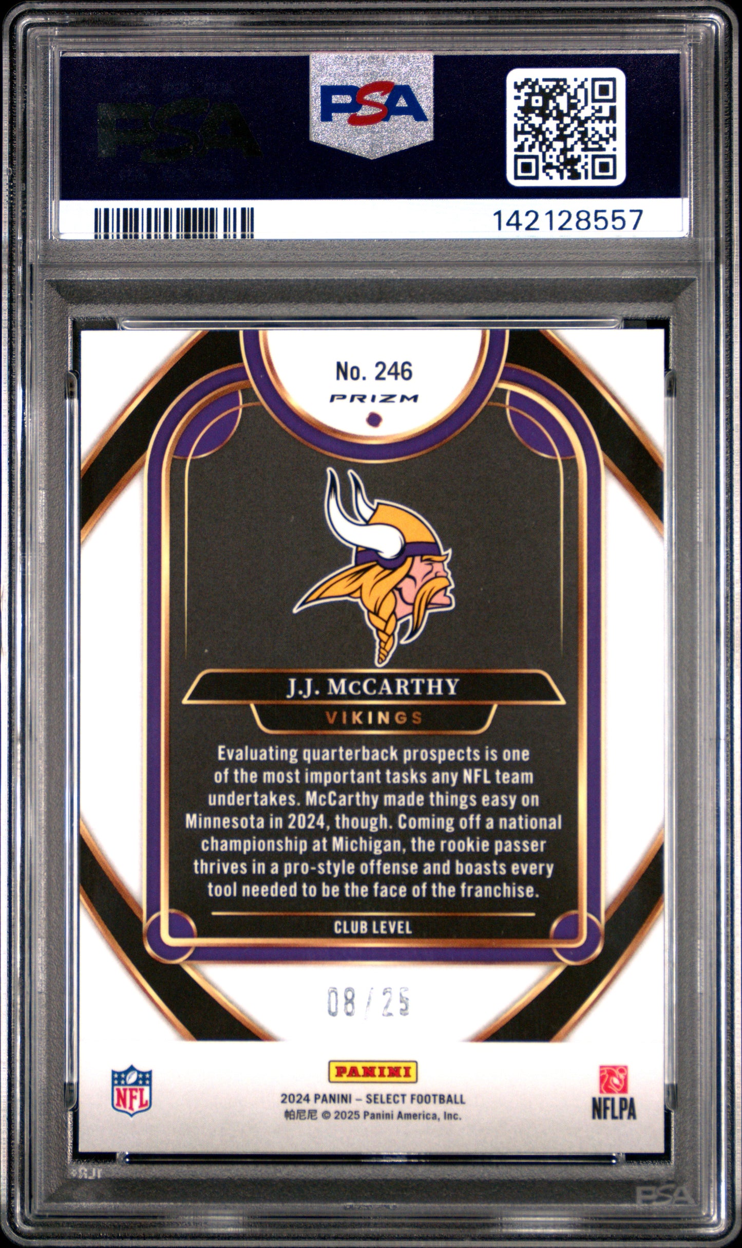 J.J. McCarthy 2024 Select Rookie #246 Blue Disco #8/25 PSA 9 Mint
