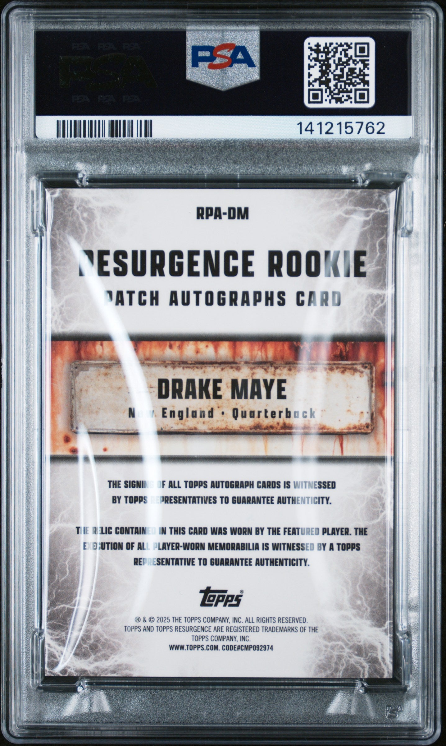 Drake Maye 2024 Topps Resurgence Rookie Patch Auto BLue Surge #65/99 PSA 8 Auto 10