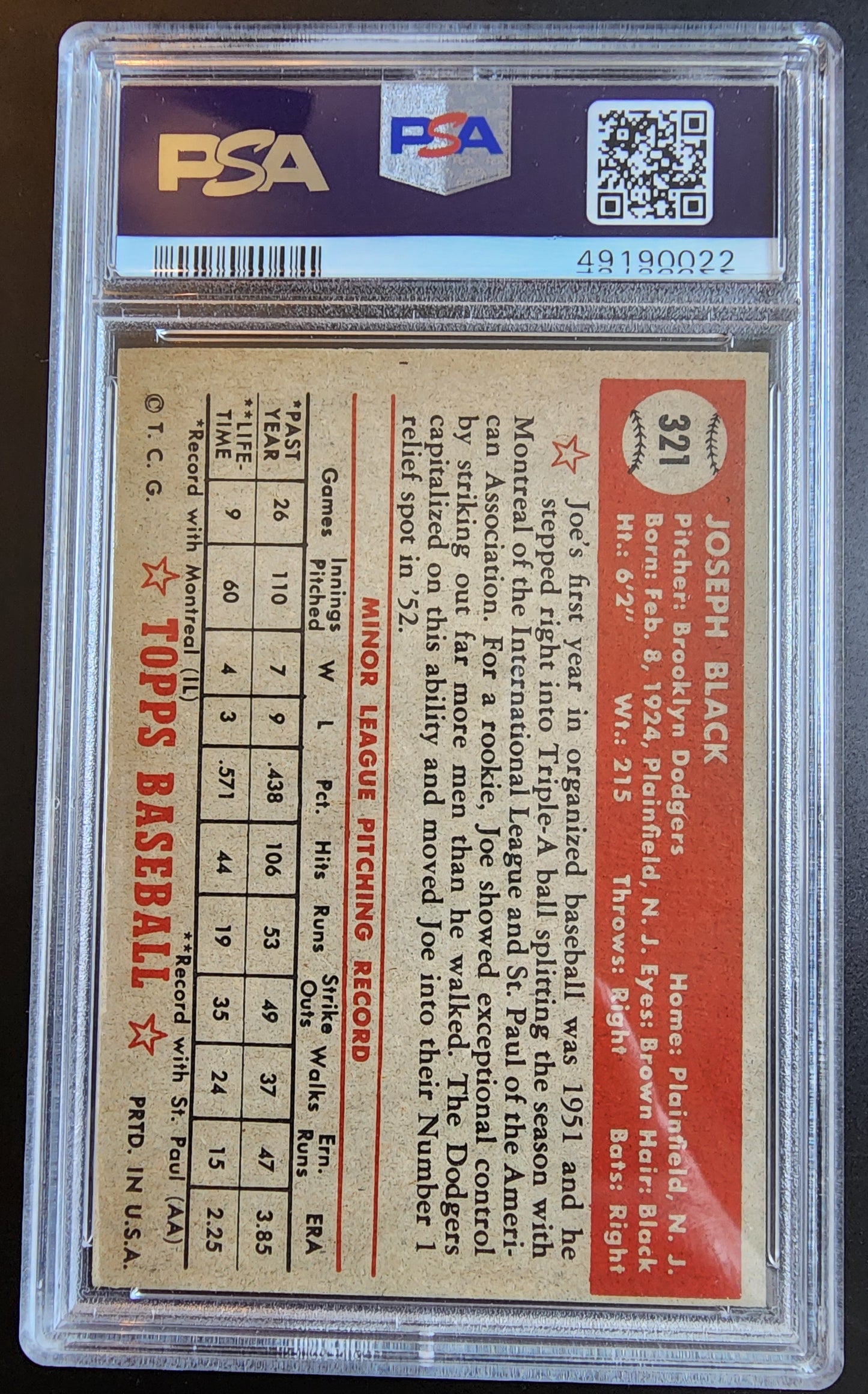 Joe Black 1952 Topps #321 PSA 2