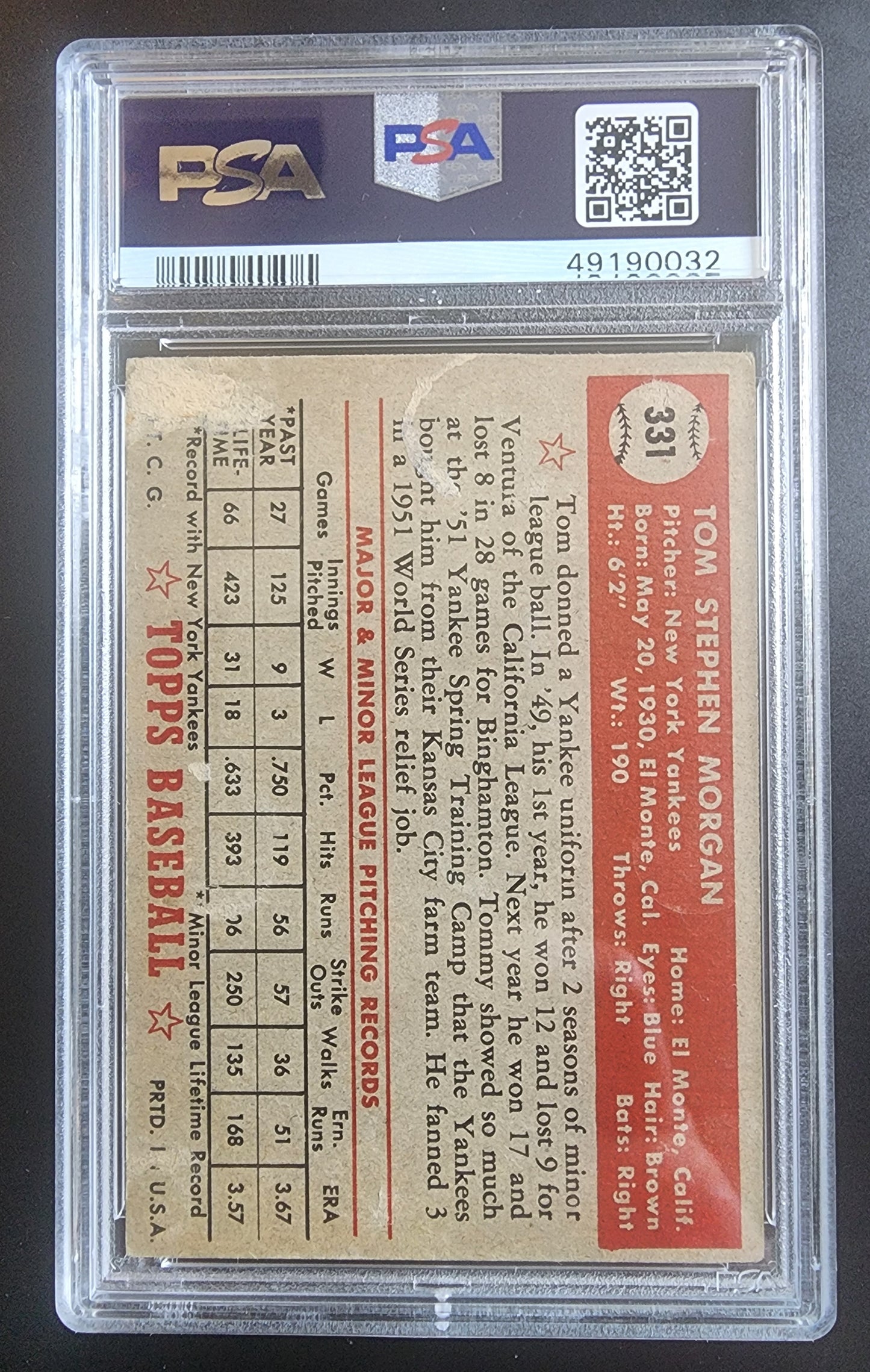 Tom Morgan 1952 Topps #331 PSA 2