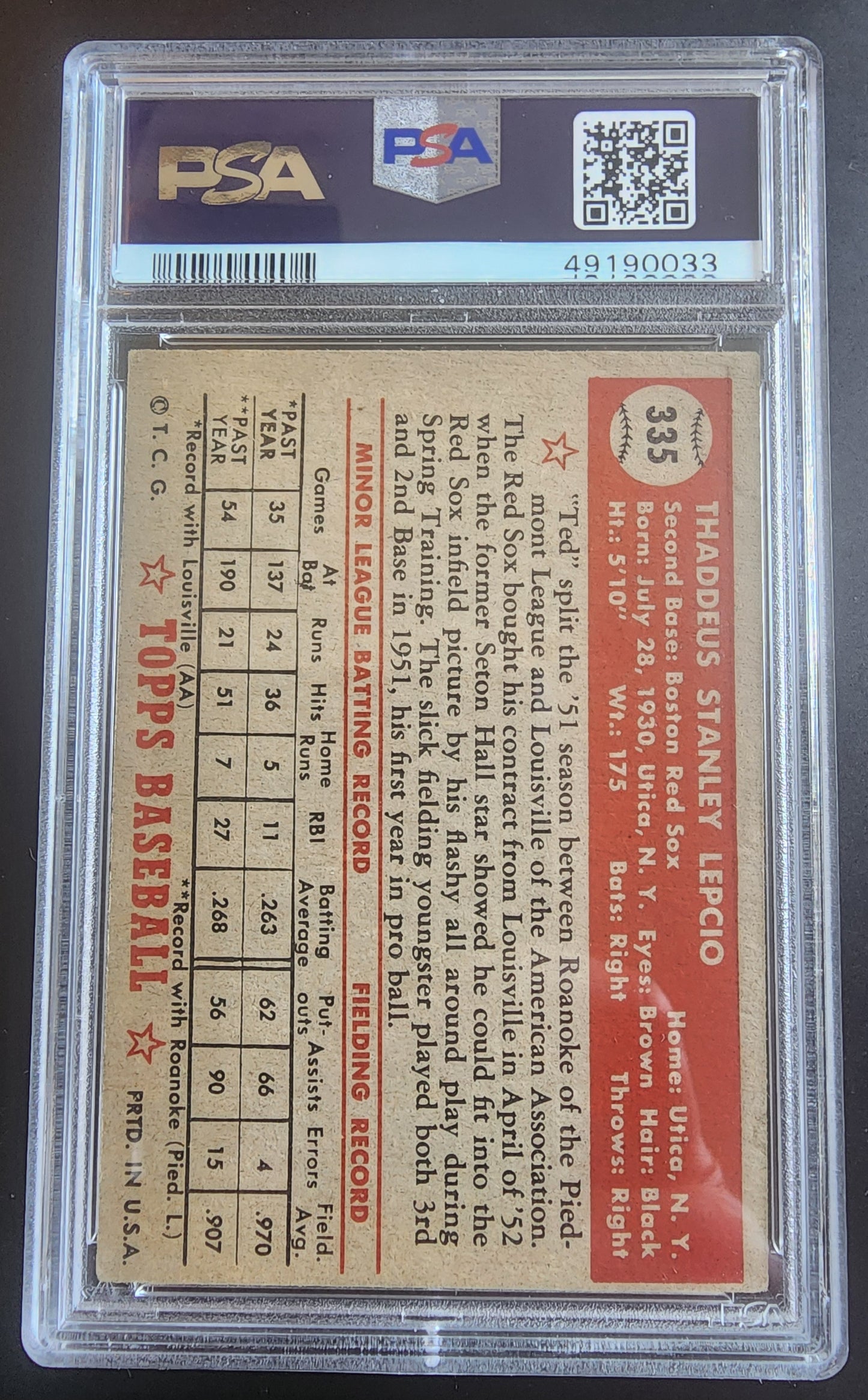 Ted Lepcio 1952 Topps #335 PSA 4