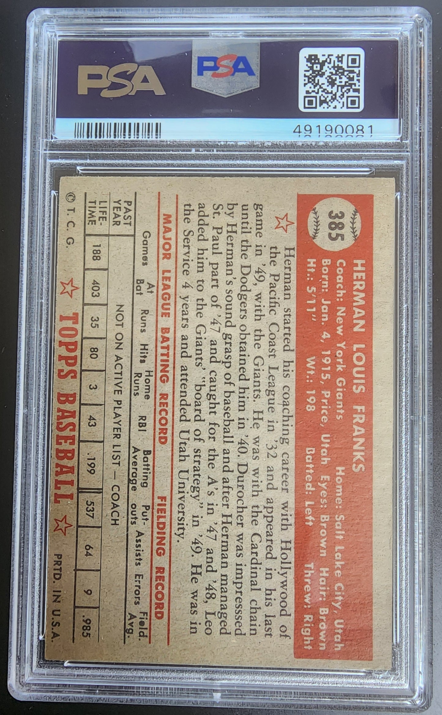 Herman Franks 1952 Topps #385 PSA 3