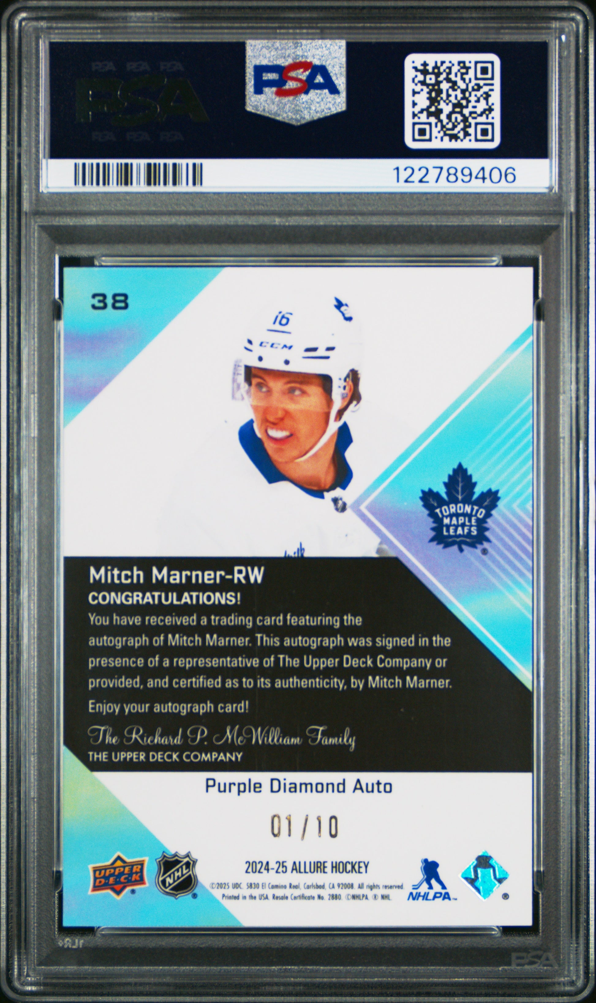 Mitch Marner 2024 Upper Deck Allure Purple Diamond Auto #1/10 PSA 10 Gem Mint
