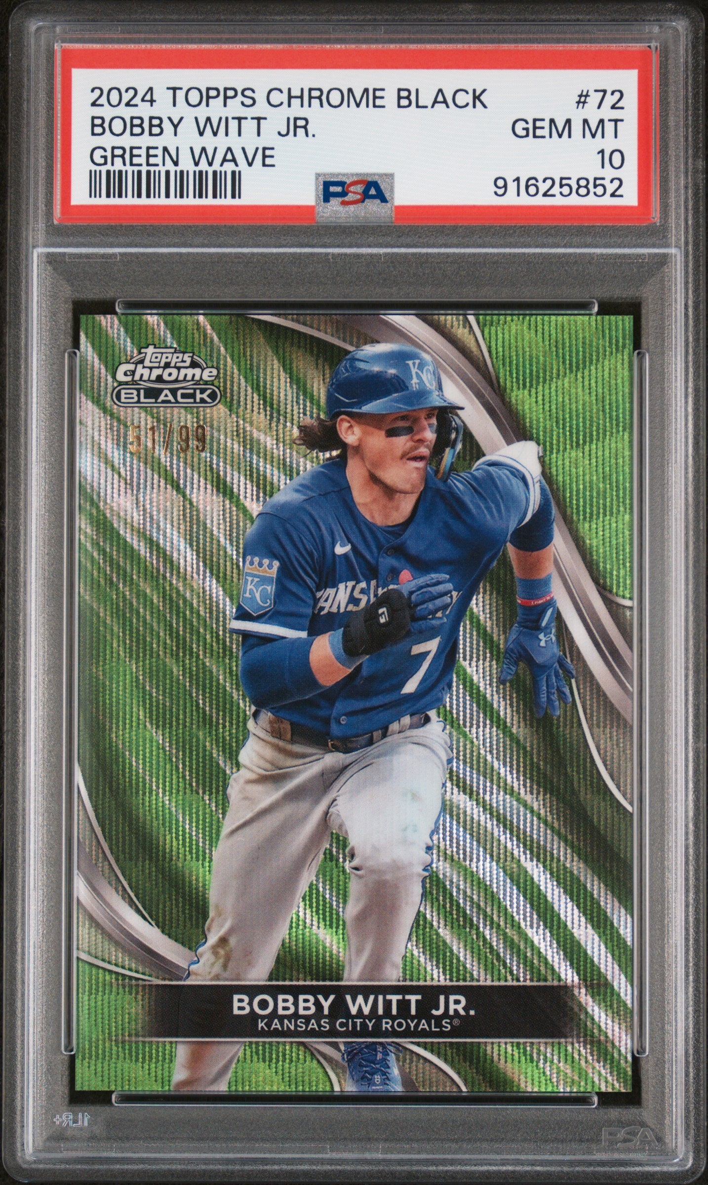 Bobby Witt Jr. 2024 Topps Chrome Black #72 Green Wave #51/99 PSA 