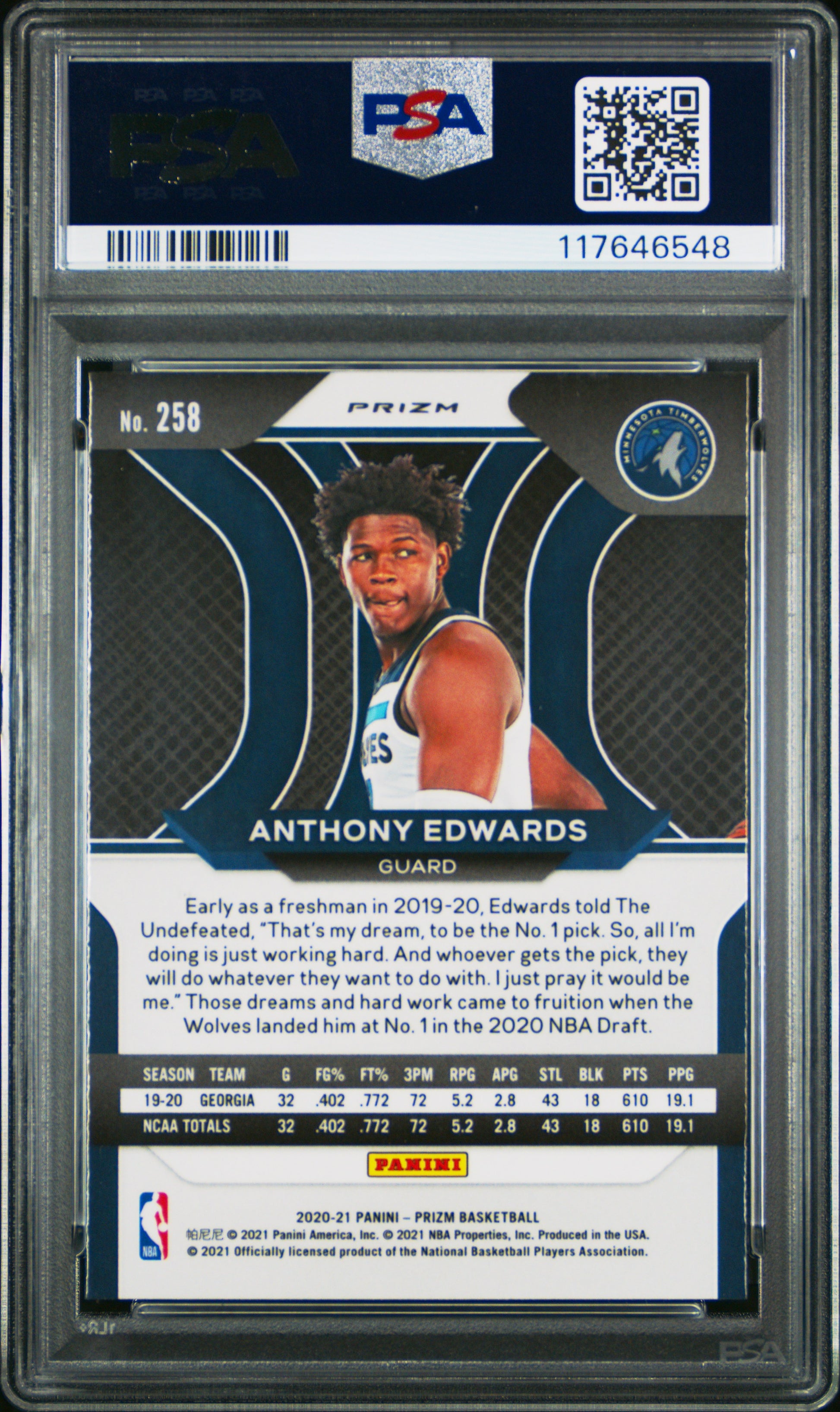 Anthony Edwards 2020 Panini Prizm Rookie #258 Ruby Wave PSA 10 Gem Mint
