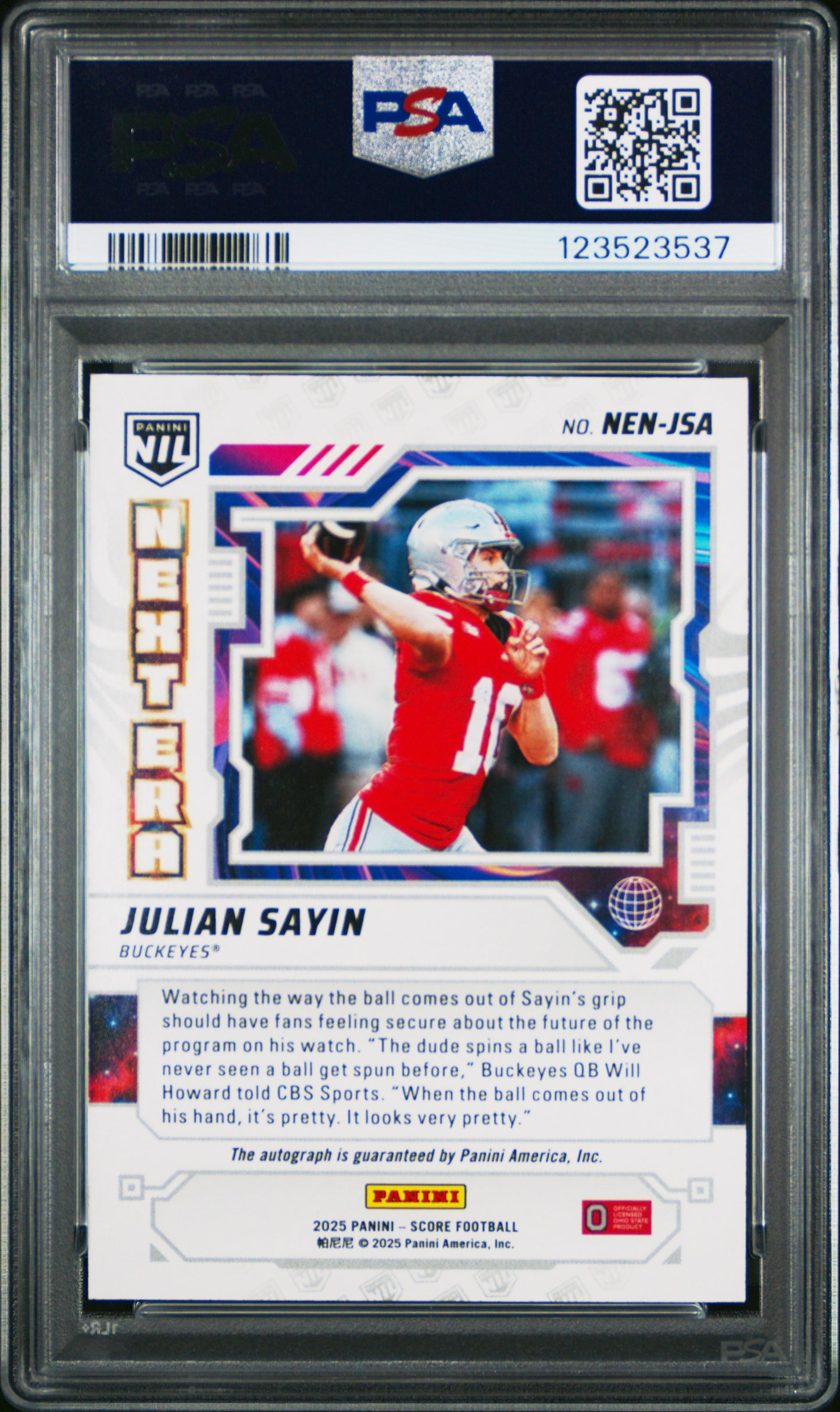 Julian Sayin 2025 Score Next Era NIL Autograph PSA 9 Mint