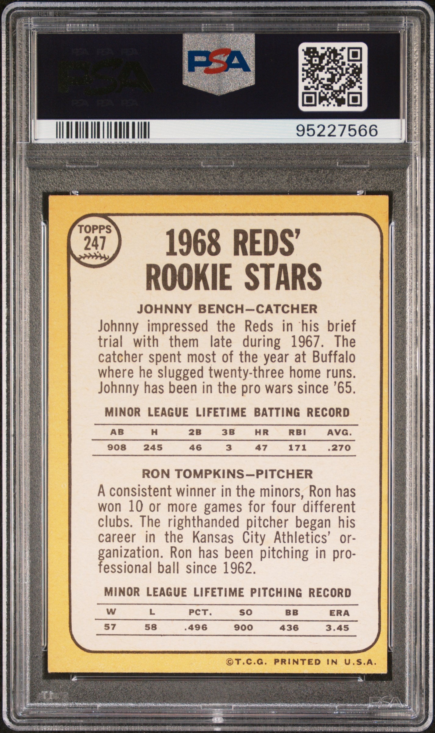 Johnny Bench 1968 Topps Rookie #247 PSA 6 Ex-Mint
