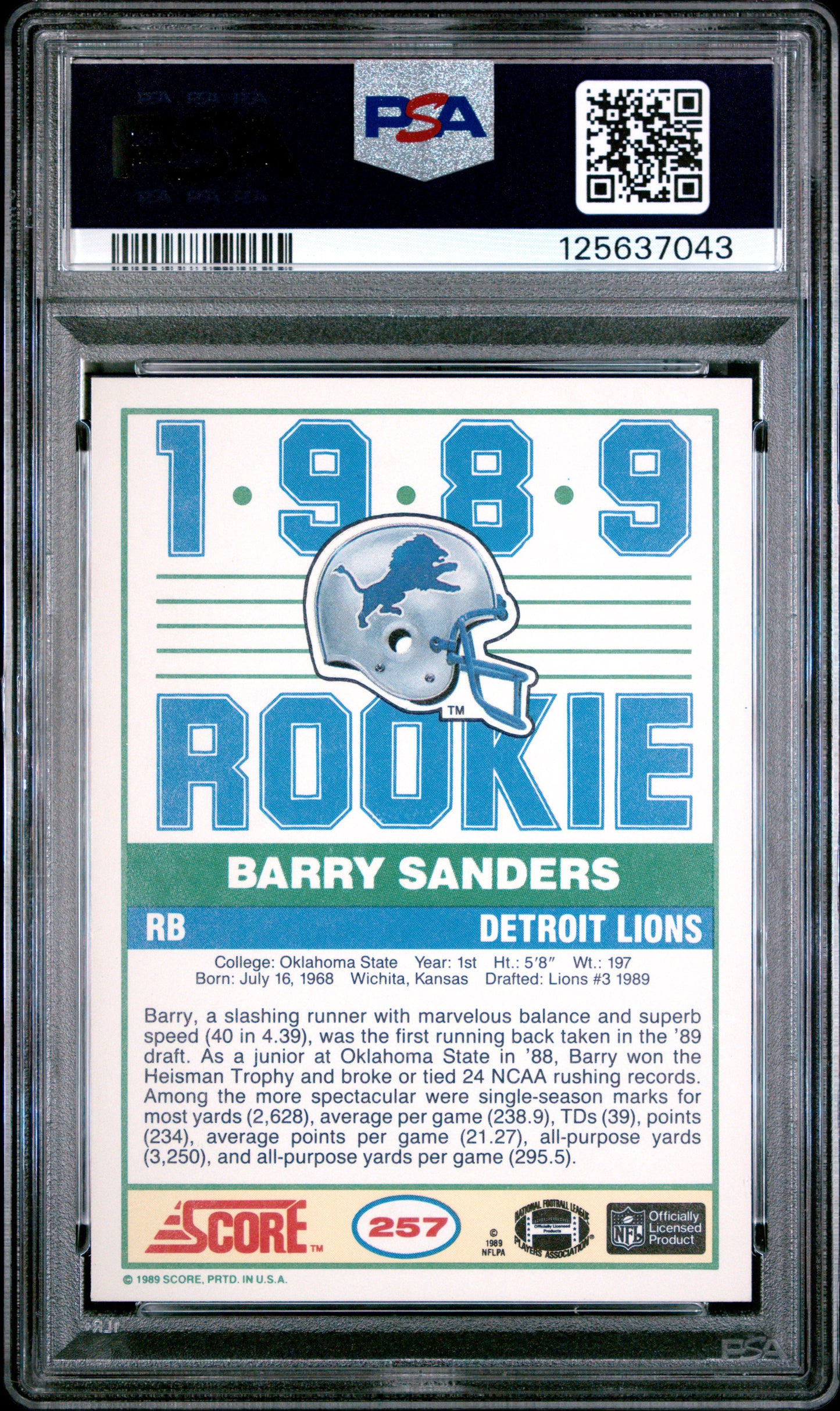 Barry Sanders 1989 Score Football Rookie PSA 9 Mint 7043