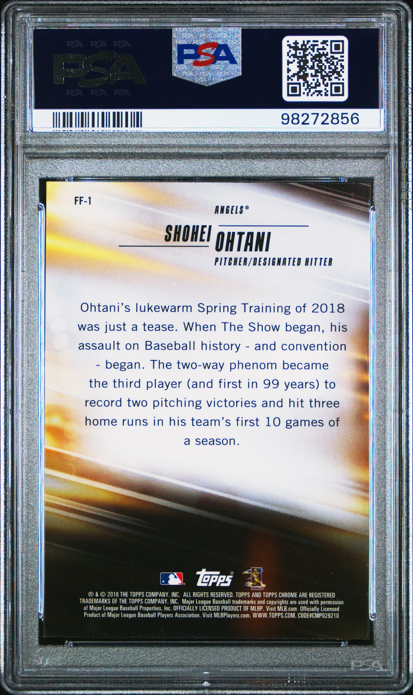 Shohei Ohtani 2018 Topps Chrome Freshman Flash PSA 10 Gem Mint 2856